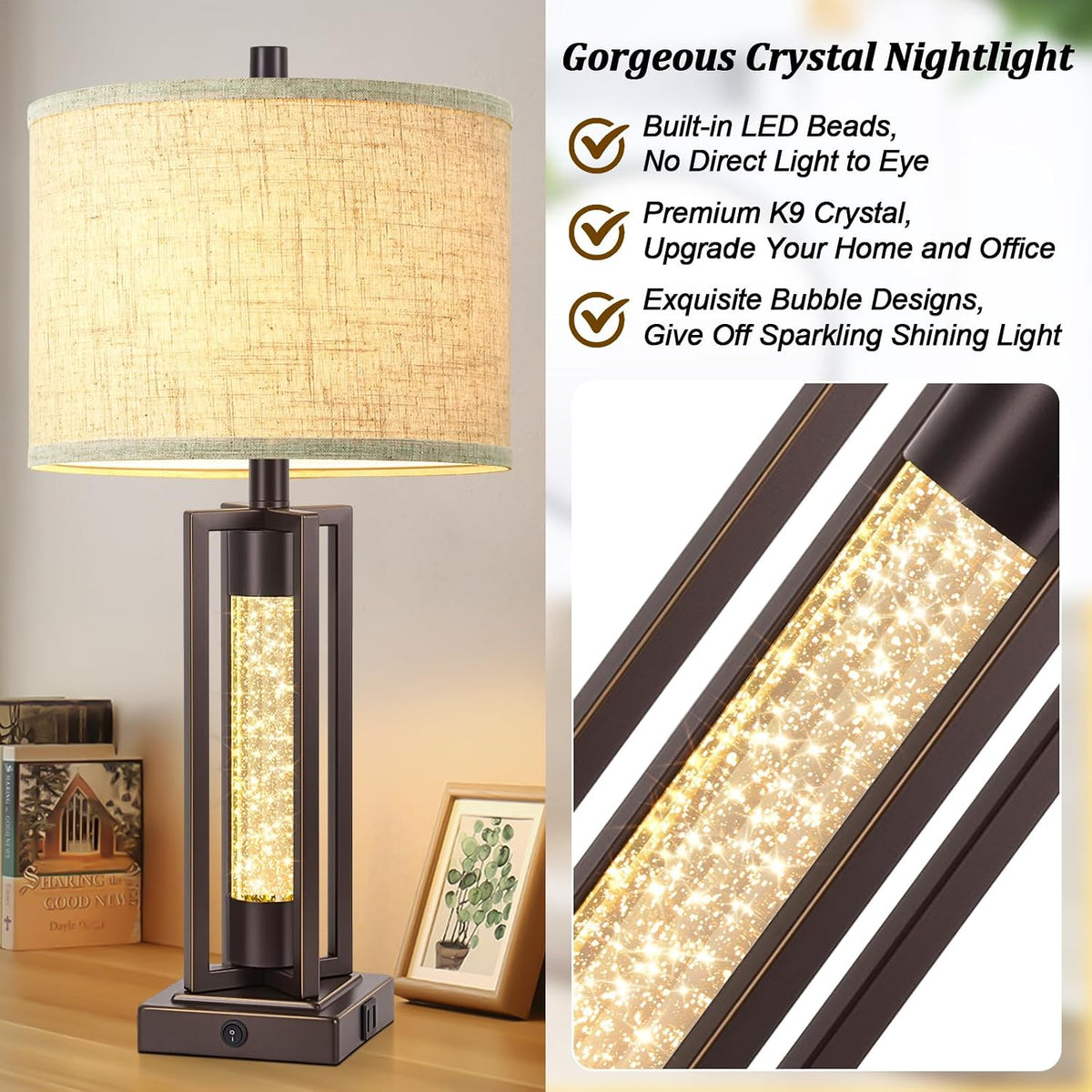 TOBUSA 26" Brown Farmhouse Table Lamps Set of 2 with Crystal Night Light