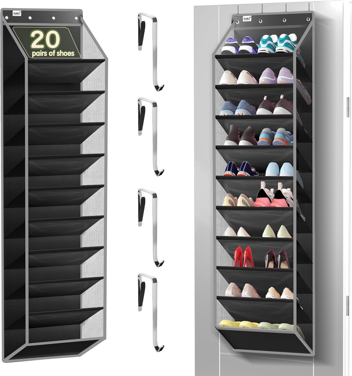 Kotkn 10 Tier Over The Door Organizer - Heavy Duty Hanging Storage Rack with Sturdy Oxford Fabric, Holds 20+ Pairs of Footwear, Boots & Sneakers, Saves 50% Closet Space (Black)