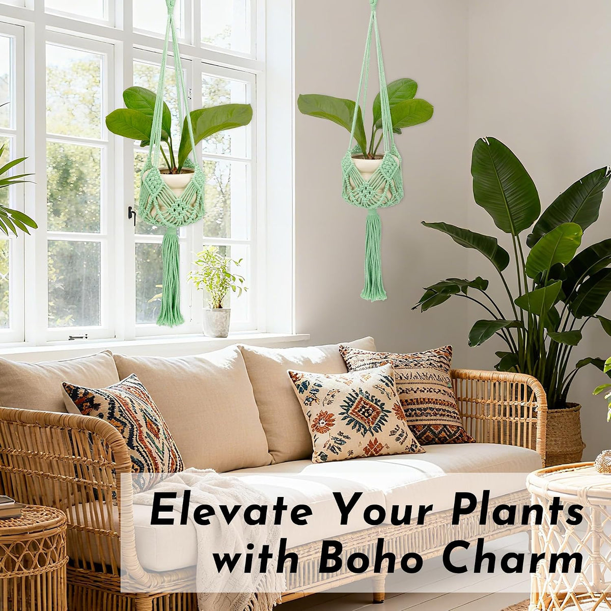 2 Pack Macrame Plant Hangers, 33-Inch Cotton Rope Hanging Planters with Diamond Design, Boho Home Decor for Indoor and Outdoor Use, Green