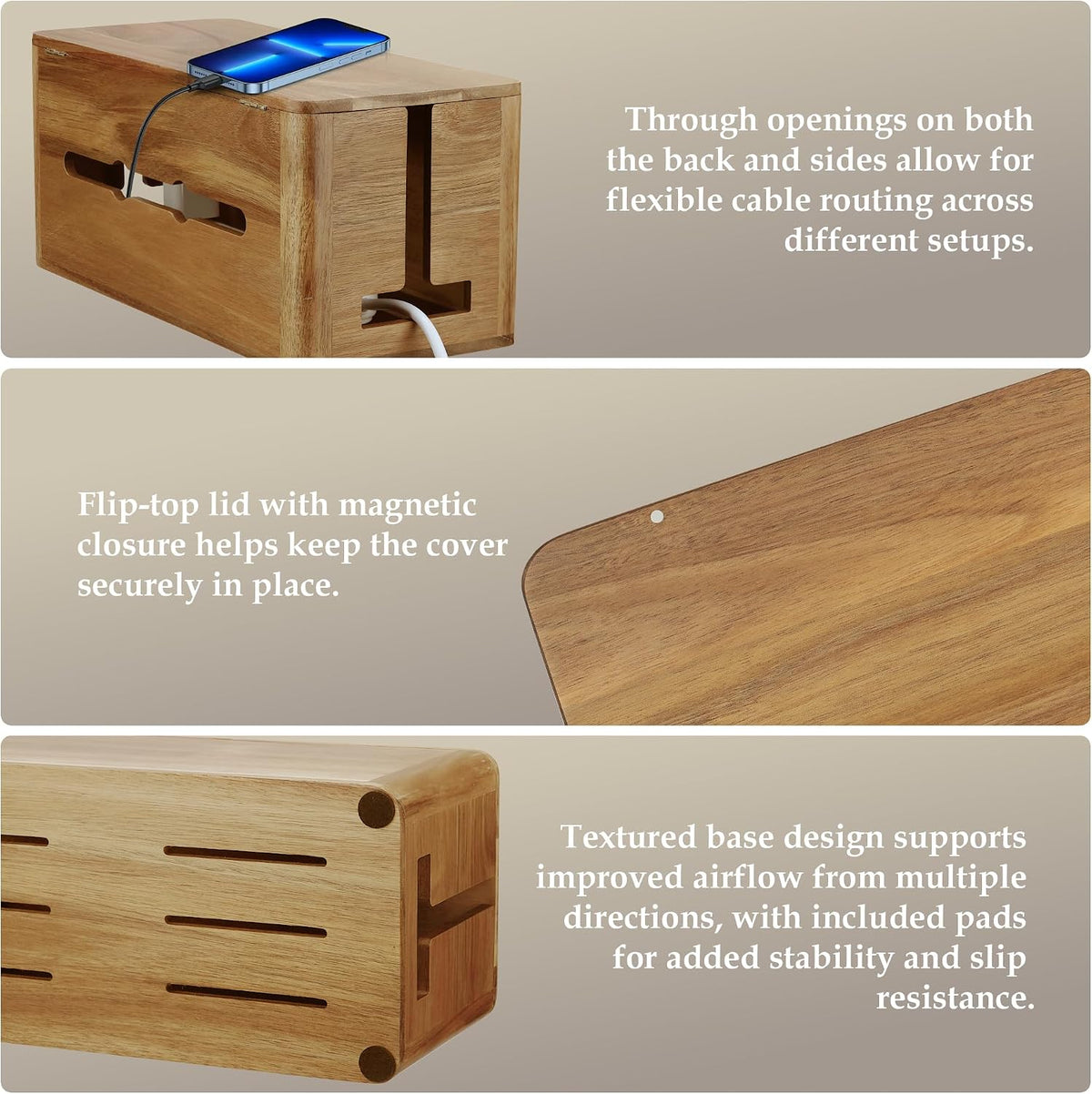 Acacia Wood Cord Management Box, Magnetic Lid, Hide Cable & Cord Organizer