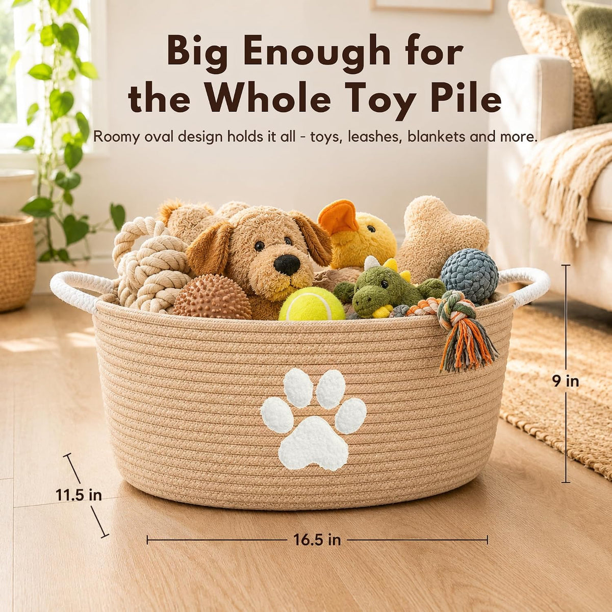 Dog Toy Basket with Handles, Boho Cotton Rope Storage Bin Organizer