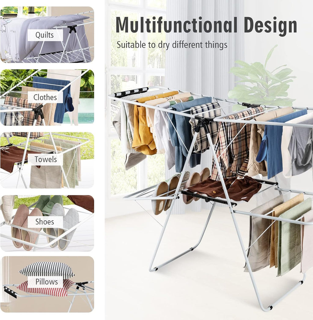Nightcore 2-Layer Clothes Drying Rack, Aluminum Drying Rack with Adjustable Height, No Assembly Need, Compact Foldaway Gullwing Laundry Rack for Indoor Outdoor