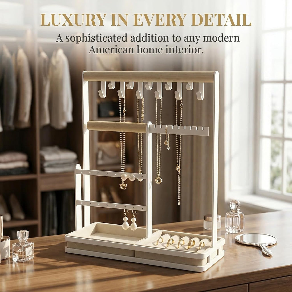 Jewelry Stand Holder Organizer, 4-Tier Necklace Holder with Ring Tray, 11 Hooks Display Storage Tower for Bracelets, Earrings, Watches (White)