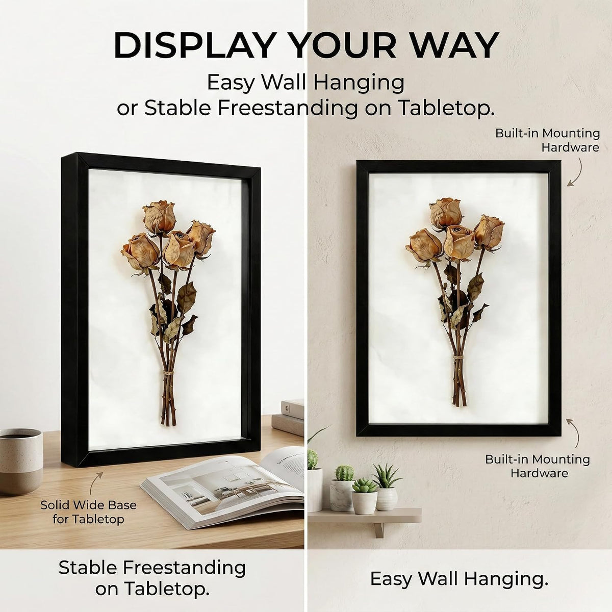 Shadow Box Frame Display Cases, 11"x 14" Wood Deep Black Handicrafts Shadowbox Picture Frame for Flowers Jersey Baby Wedding Dress(2,Black)