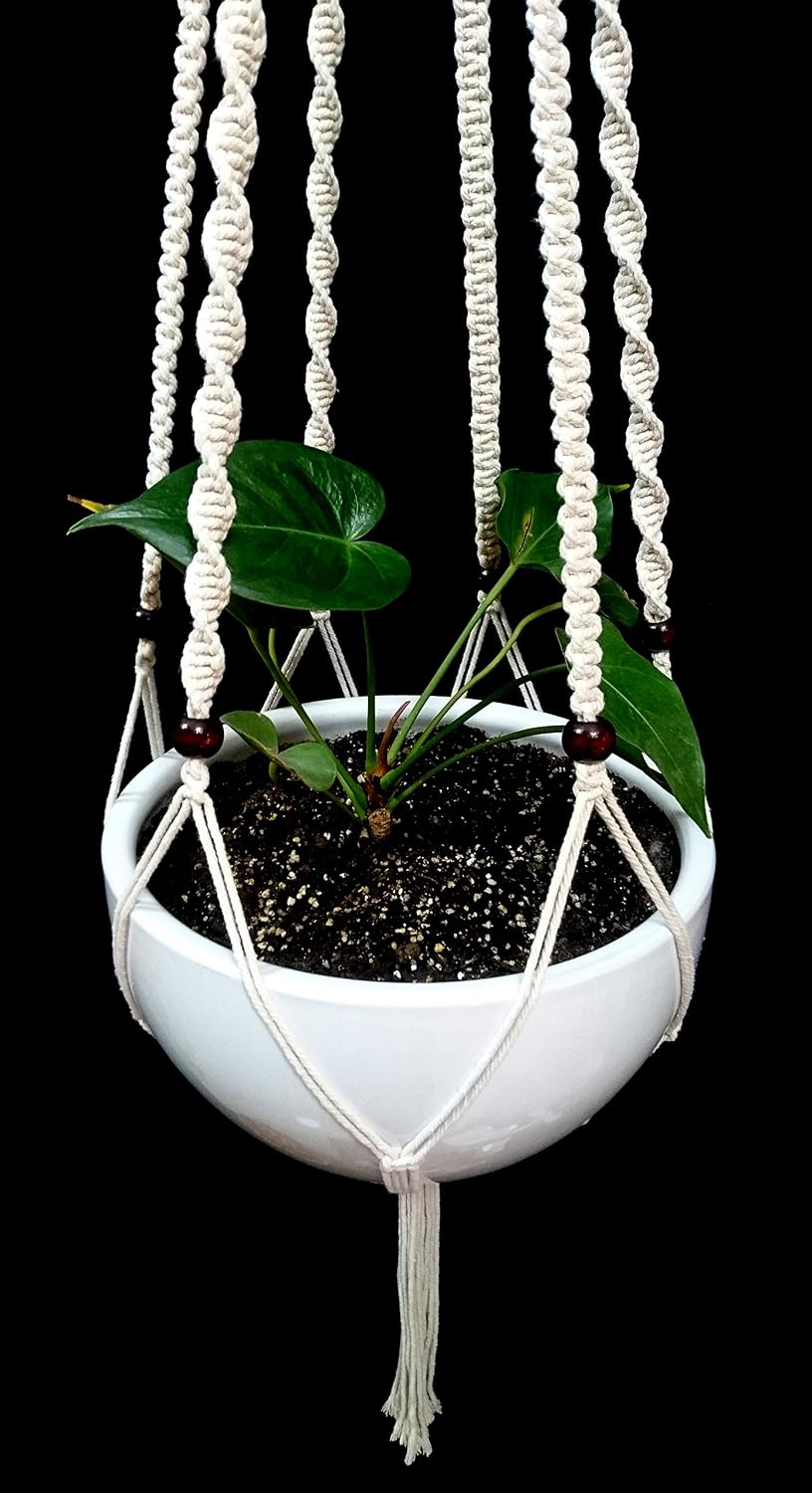 Plant Hanger Macrame Cotton 6 Legs 51 Inches in Tan and Green Color for Indoor Outdoor, Living Room, Kitchen, Deck, Patio, High and Low Ceiling with Size of 10-12 inches Without THE Pot (Cream)
