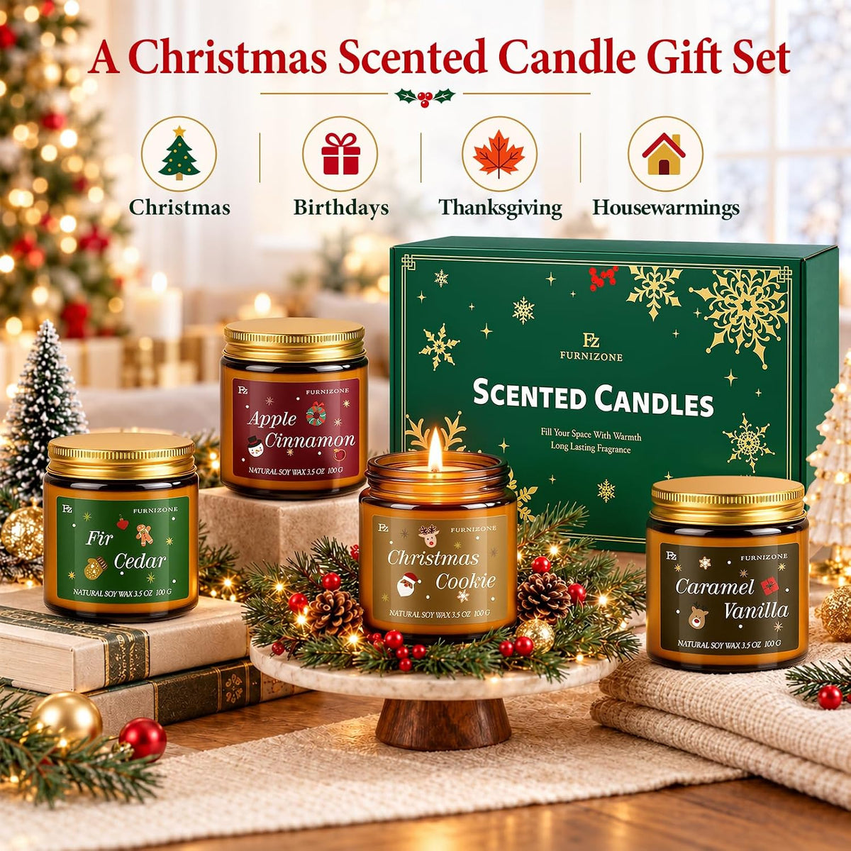 Christmas Candles Gift Set, Winter Candle for Home Scented, Natural Soy Wax