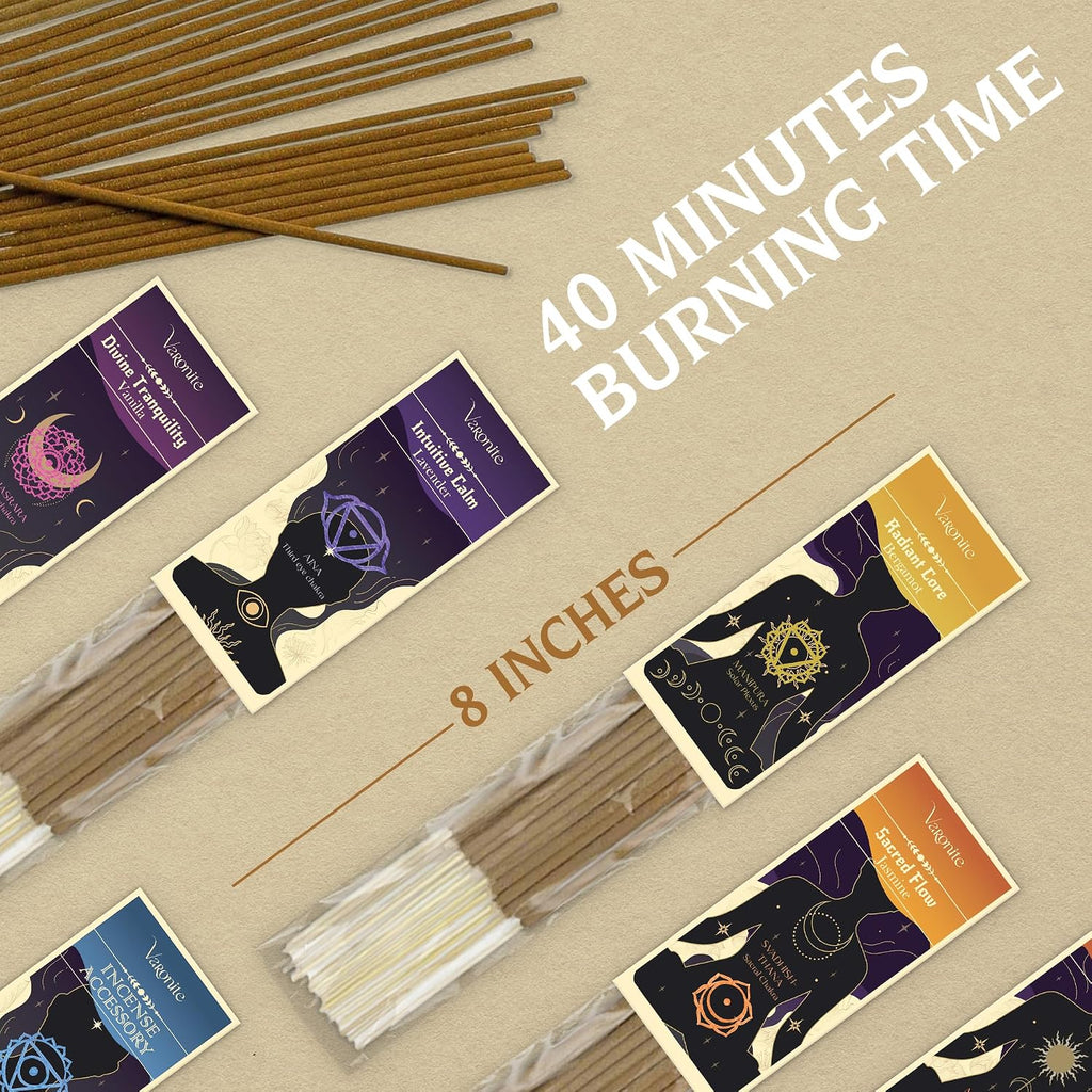 Incense Sticks - Charka Balance Incense Stick Variety Pack of 6 (120 Insence-Sticks) with Holder: Sandalwood, Bergamot, Jasmine, Lavender, Rose, Vanilla – 7 Chakras Inscents-Stick