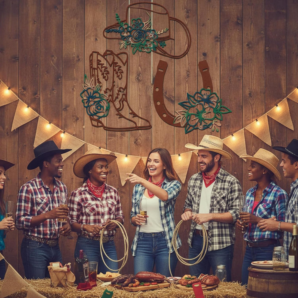 3 Pcs Cowboy Hats Boots Horseshoes Flowers Metal Wall Arts