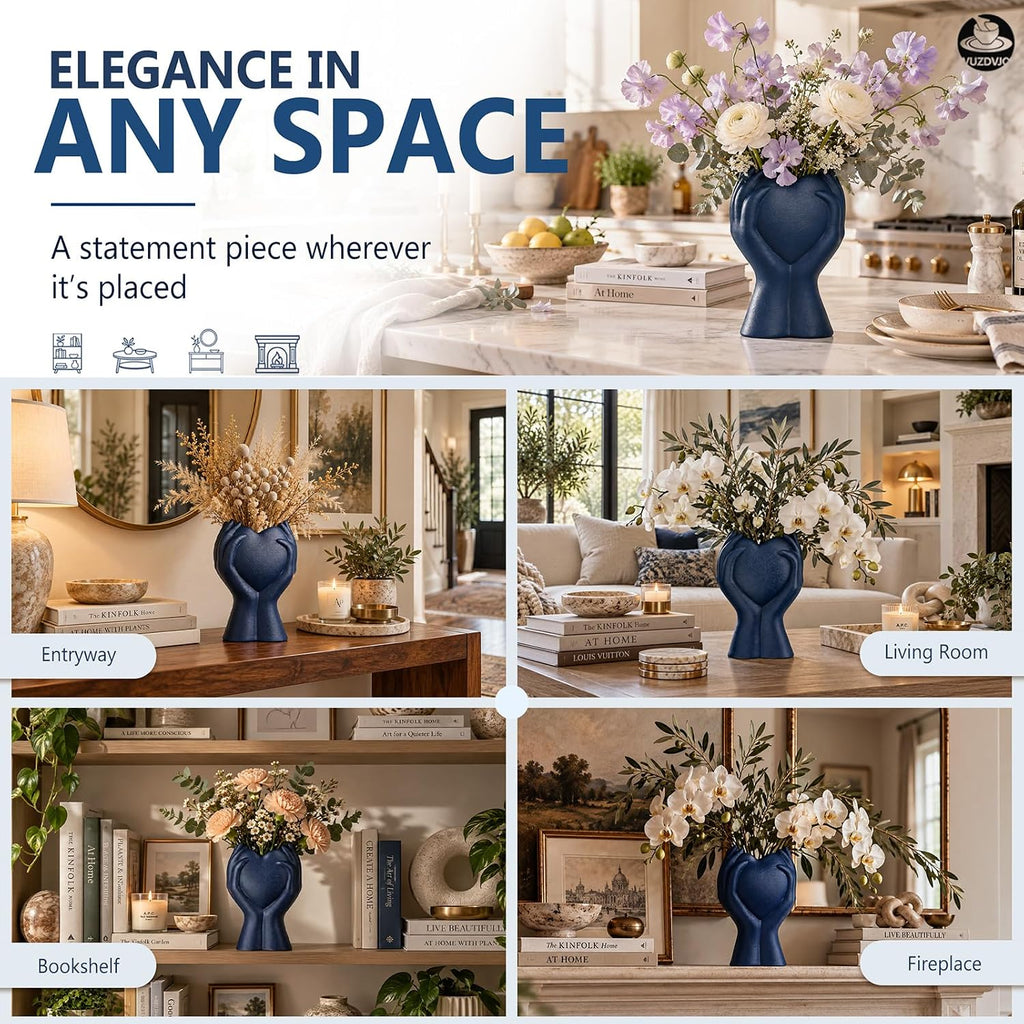 8" Heart Hand Navy Blue Ceramic Vase - Unique Modern Aesthetic Flowers Vase for Living Room Bedroom Office Kitchen Table Centerpiece or Shelf Decor-Gifts for Wedding Bridal Shower Women Mom (Blue)