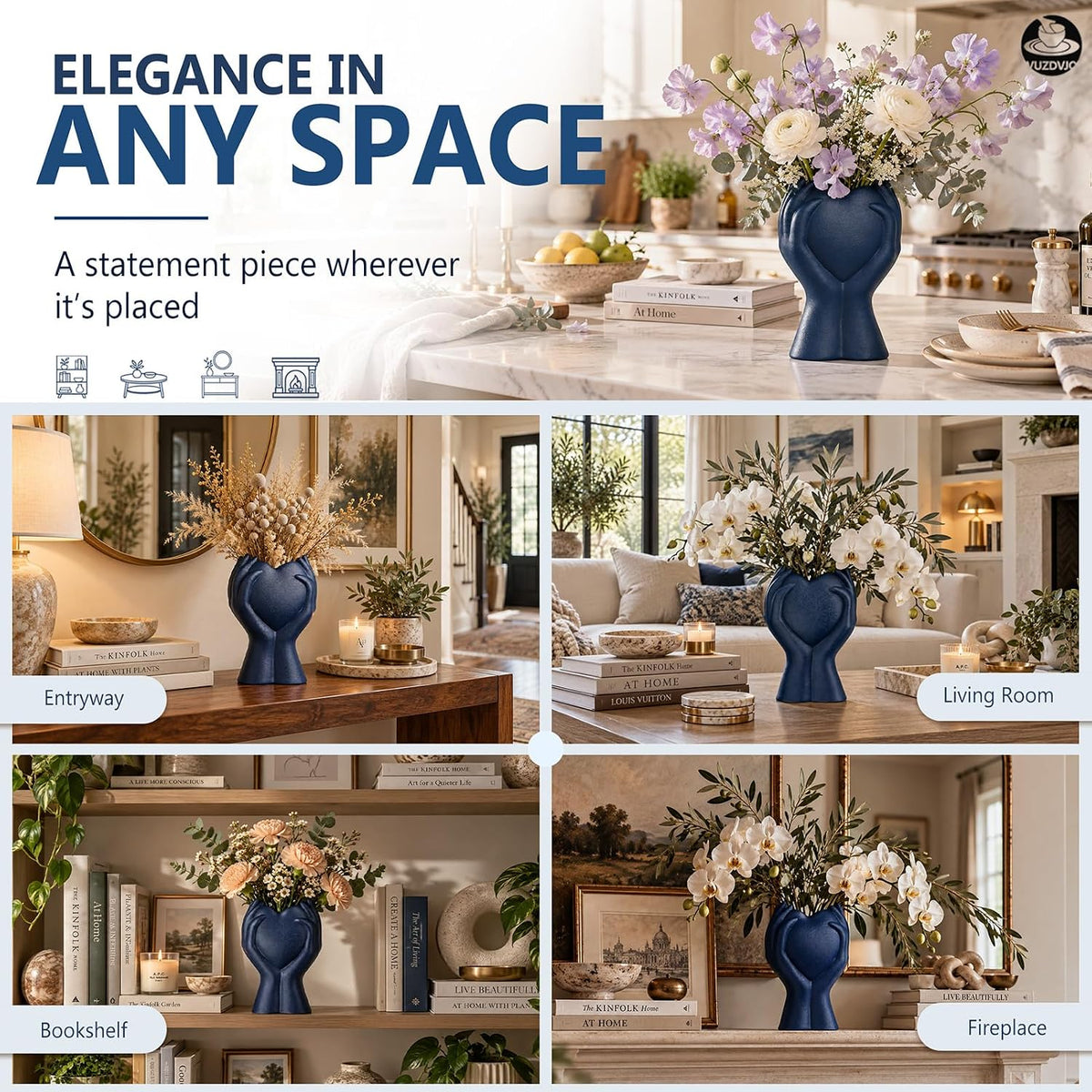 8" Heart Hand Navy Blue Ceramic Vase - Unique Modern Aesthetic Flowers Vase for Living Room Bedroom Office Kitchen Table Centerpiece or Shelf Decor-Gifts for Wedding Bridal Shower Women Mom (Blue)