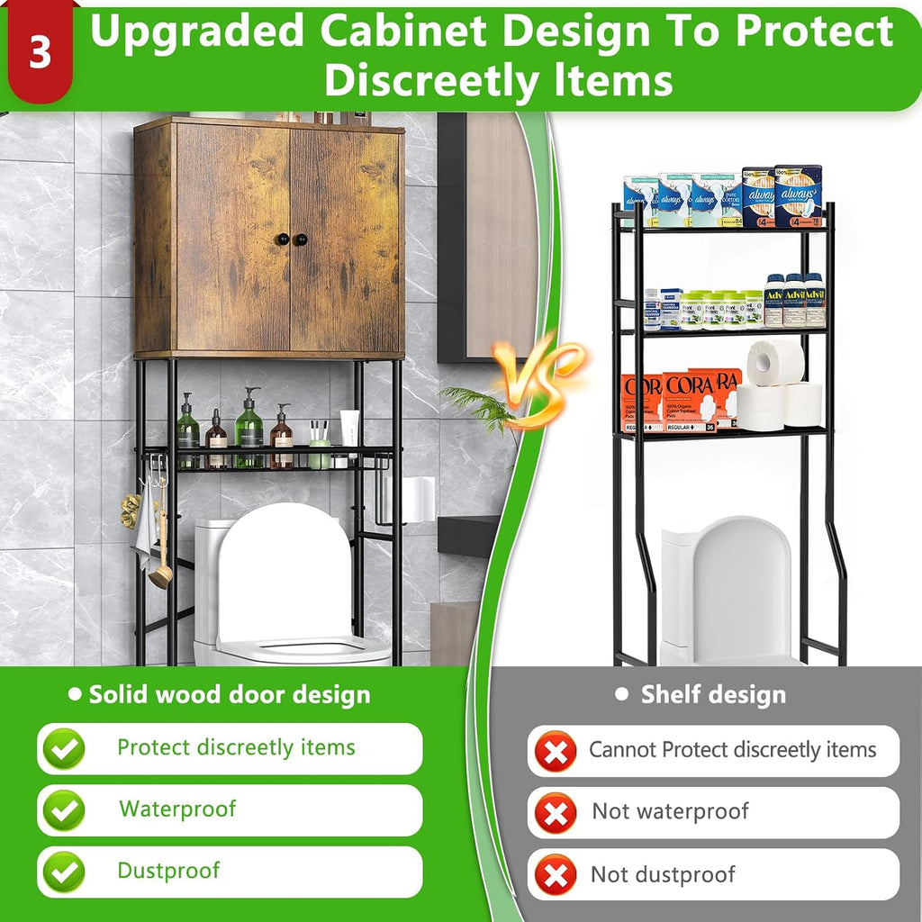 Over The Toilet Storage Cabinet - 2-Door Bathroom Organizer Shelf, Freestanding Space-Saver Toilet Rack with Privacy Protection, Water-Resistant Above Toilet Storage Cabinet for Small Bathrooms(Brown)