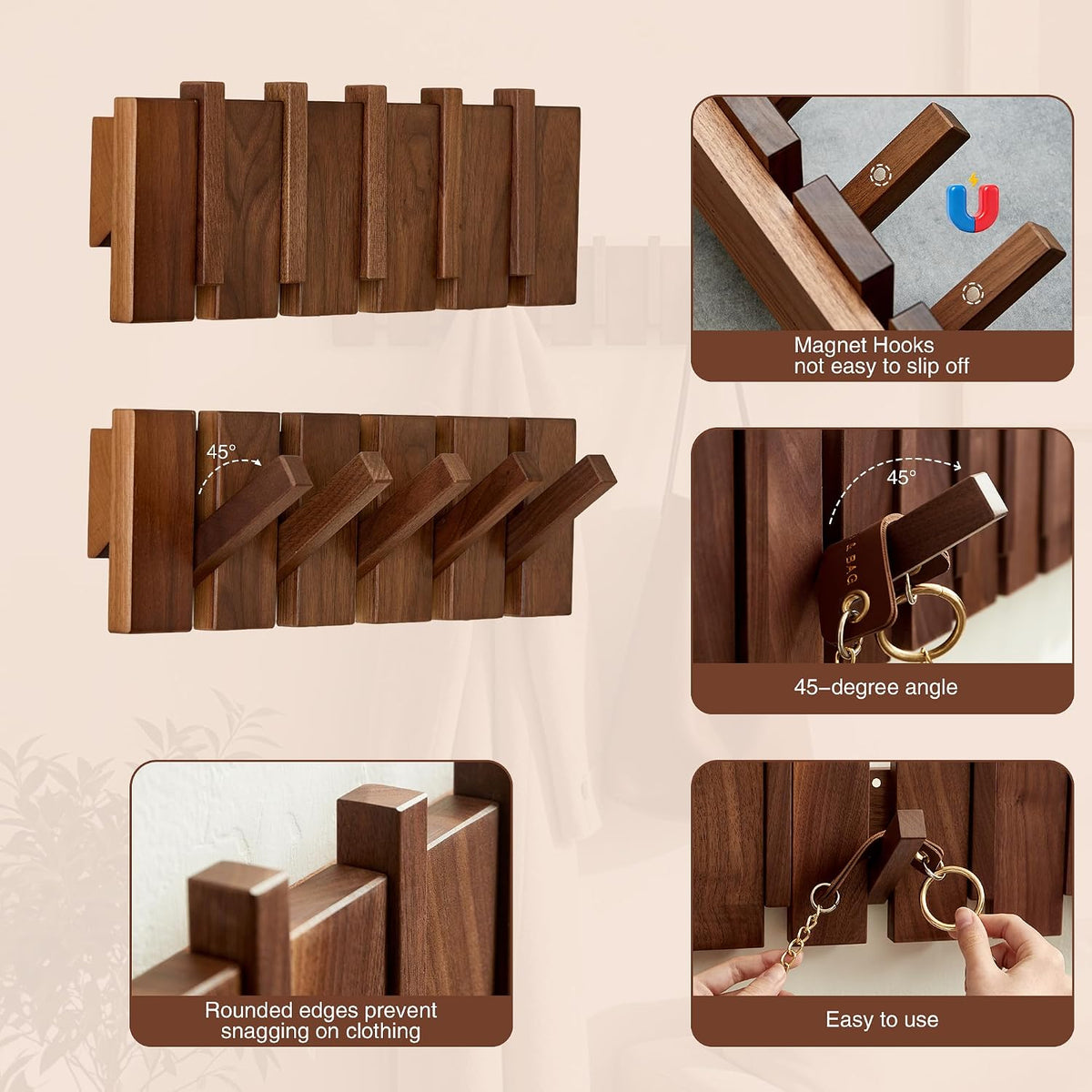 Coat Rack Wall Mount, Walnut 5 Flip-Down Picket Hanger Hooks for Entryway