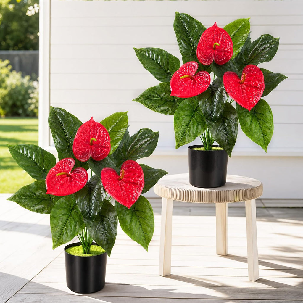 Anthurium Artificial Flowers with Pots, 2 Pack Fake Flowers Potted Faux Outdoor Plants, UV Resistant Realistic Faux Tropical Greenery for Planters Inside Porch Patio Yard (Red, 21.6")