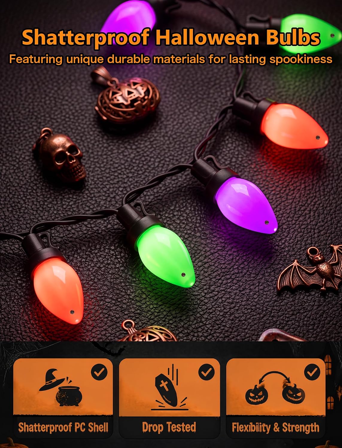 26FT Halloween C7 LED String Lights, 50 Orange Green Purple Opaque Lights