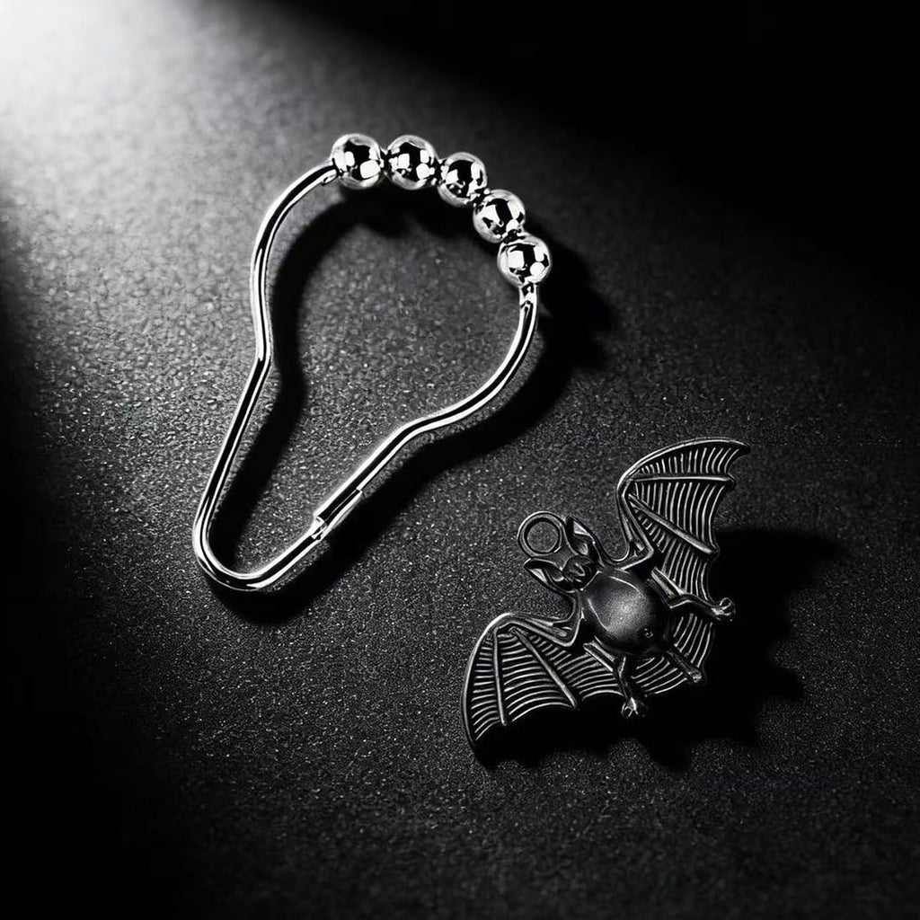 Set of 12 Bats Shower Curtain Hooks Rings Halloween Party Supplies Haunted House Decoration Stainless Steel Rustproof (Black-Bat)