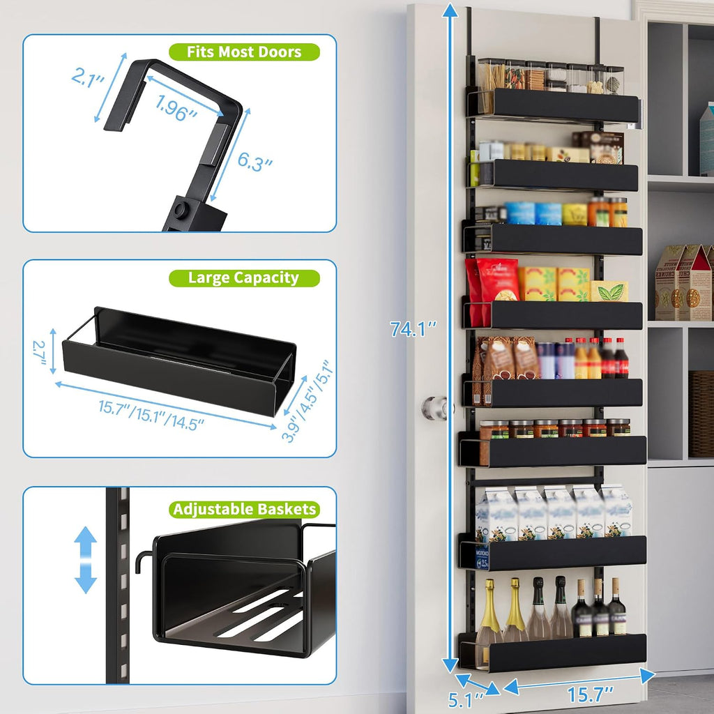 8-Tier Over Door Organizer, Sturdy Slim Hanging Spice Rack for Cabinet & Pantry, Black