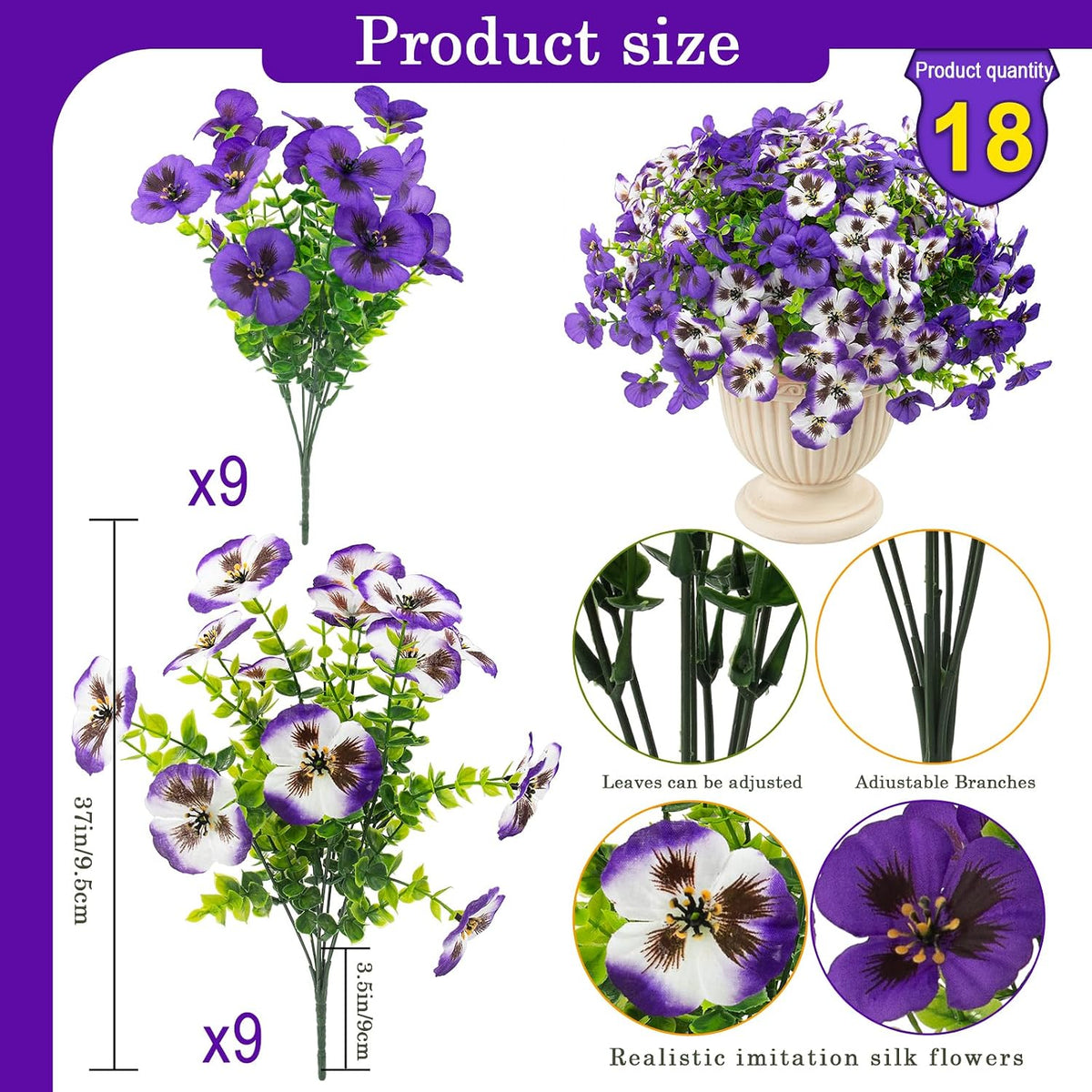 Rowfad 18 Pcs Artificial Fake Pansy Flowers for Outdoor, Faux UV Resistant Silk Pansies Flowers for Outside Planter Front Door Porch Yard Patio Window Box Home Decor (18, Lavender)