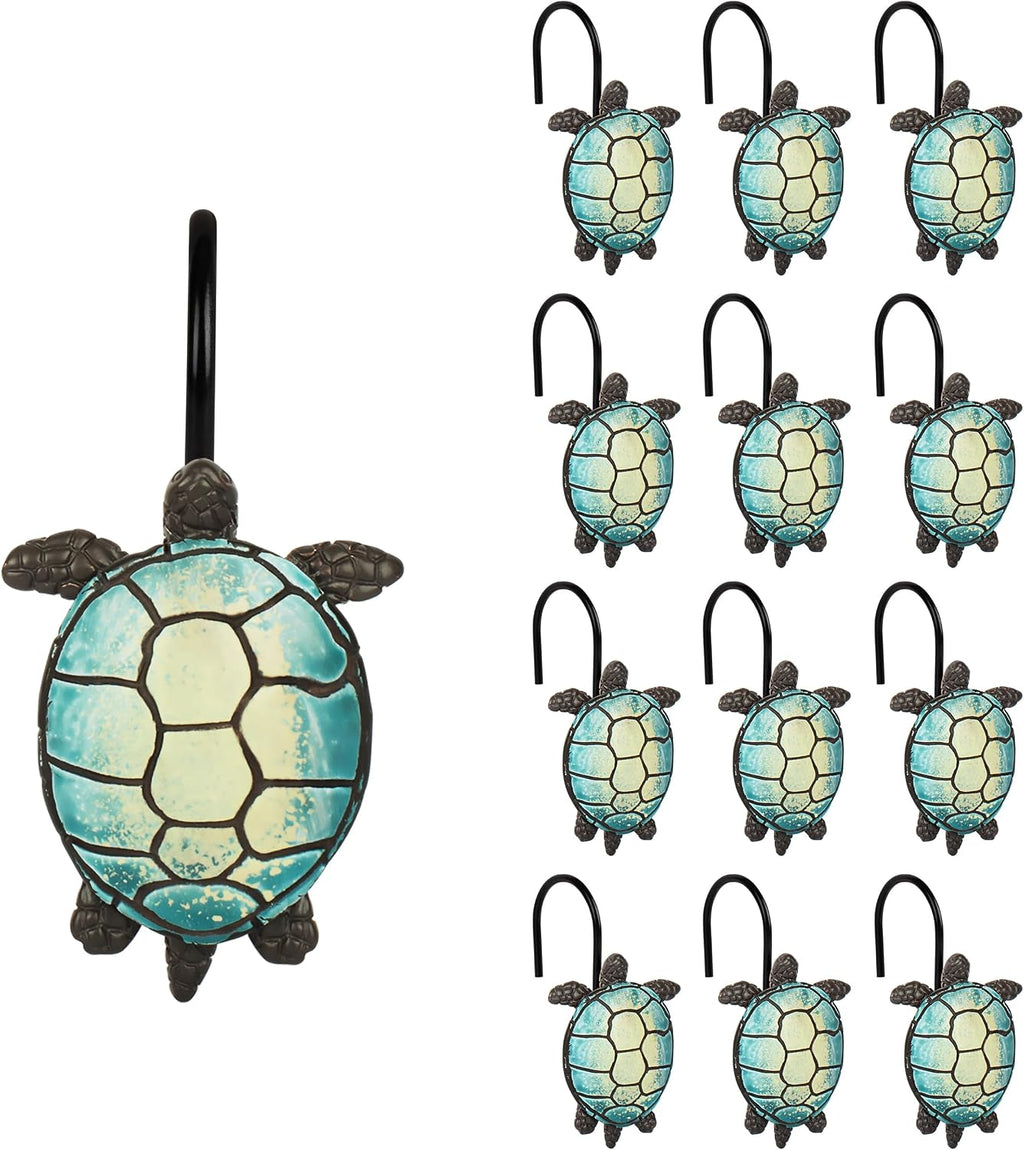 Sunlit Sea Turtle Shower Curtain Hooks, Home Decorative Shower Curtain Rings with Black Hooks for Bathroom, Resin, Ocean Shower Curtain Hanger Hooks for Kid Room Living Room, Set of 12