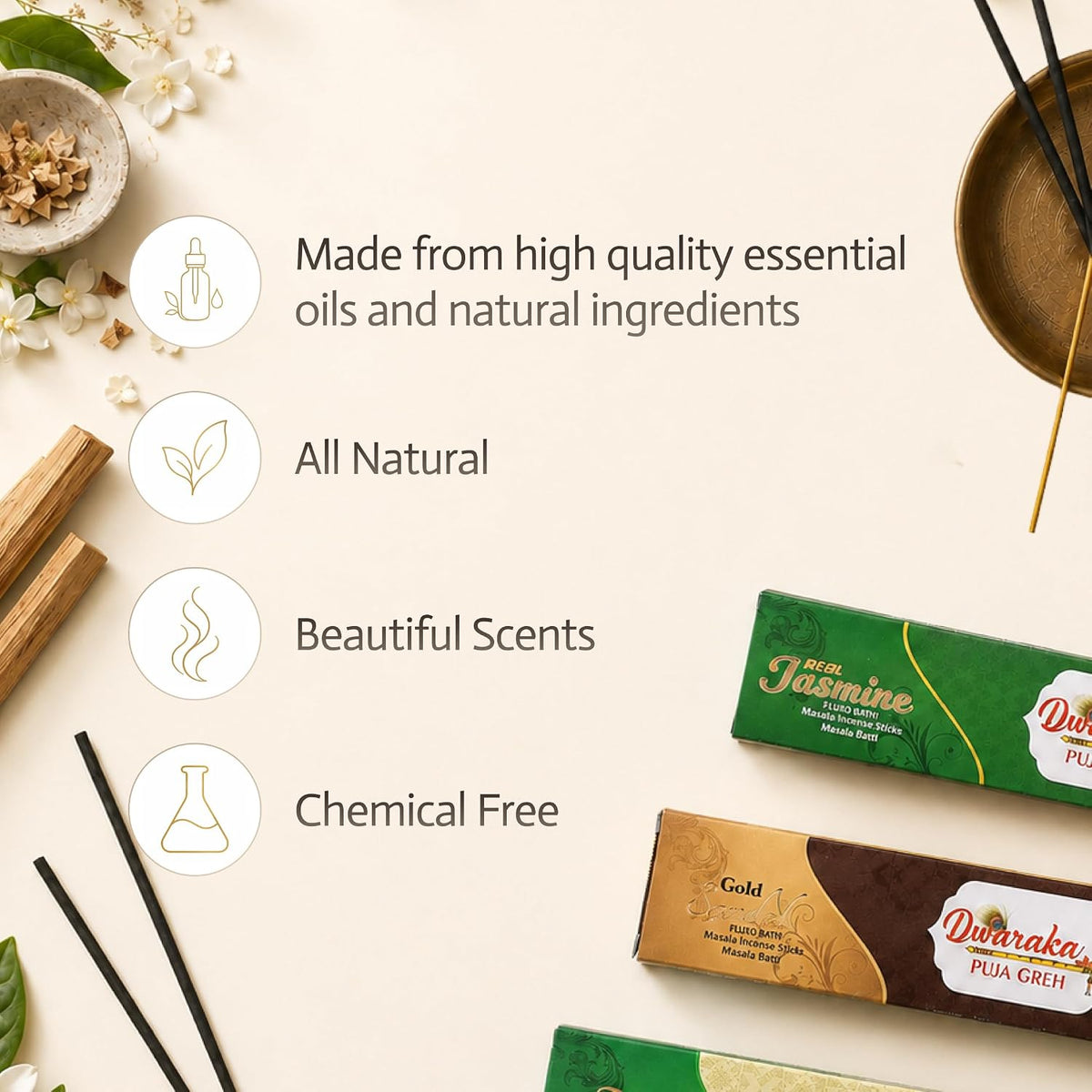 Dwaraka - Incense Sticks – 6 Packs x 10 Sticks Each – Sandalwood, Nag Champa, Jasmine, Mogra, Rose and Sai Flora – Chemical Free, All Natural
