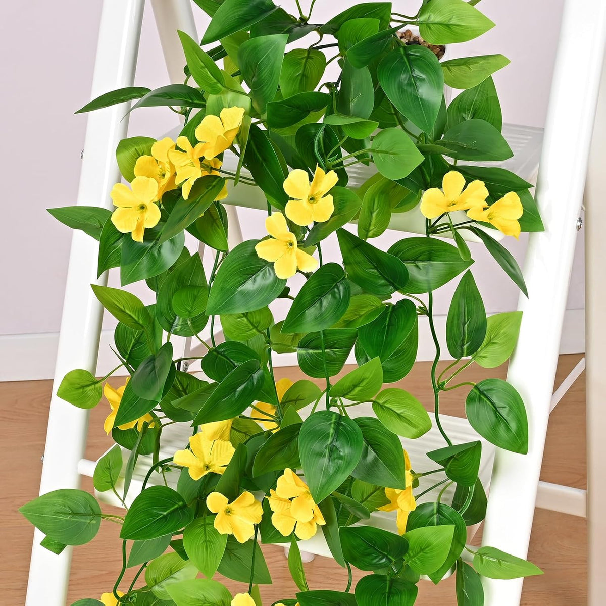 BLEUM CADE Artificial Hanging Flowers for Outdoors, 4pcs Fake Hanging Plants Pothos Vines with Yellow Flowers for Wall Home Living Room Indoor Outdoor Decor (No Baskets)