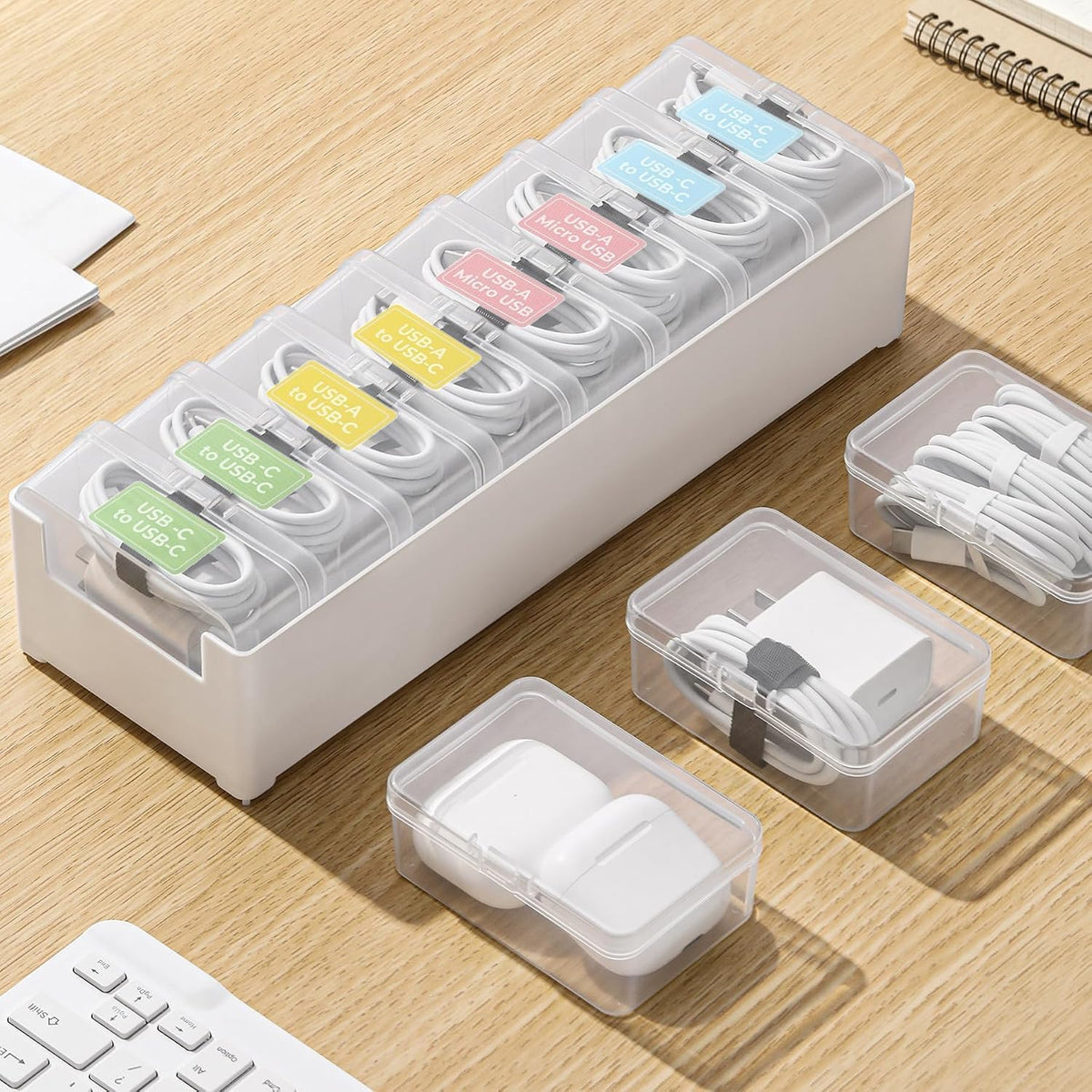 Cable Organizer Storage Box 8 Larger Case Cable Box with Cable Straps and Label Stickers, Travel Cord Organizer for Charging Cables, USB Wires, Earphones – Drawer Organization for Home & Office