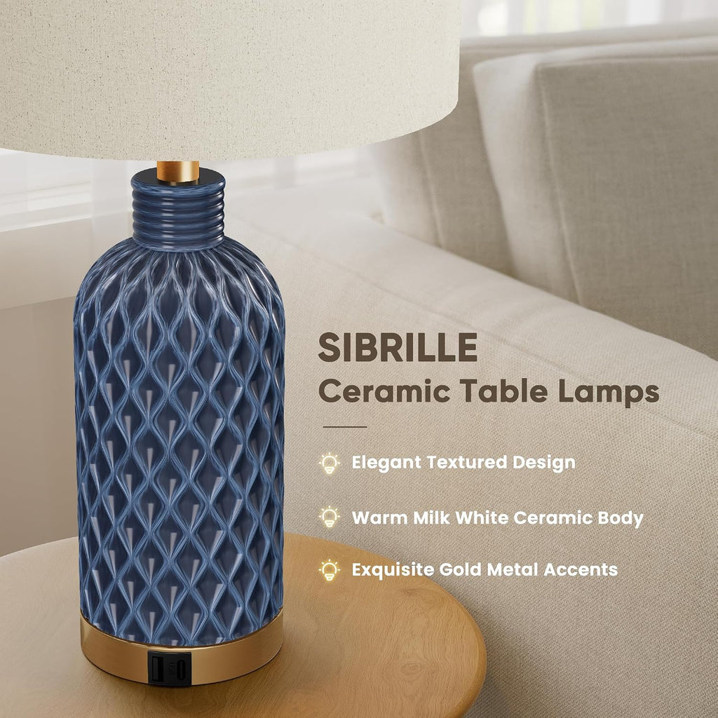 SIBRILLE 25" Ceramic Table Lamps Set of 2, Blue, USB-C/USB-A & AC Outlet