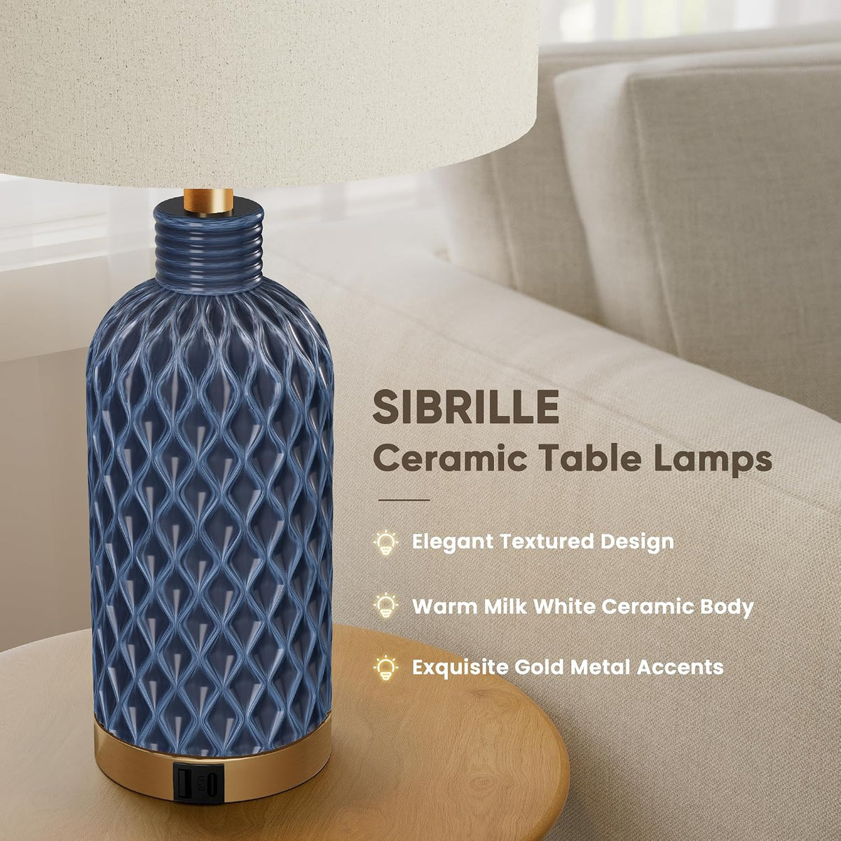 SIBRILLE 25" Ceramic Table Lamps Set of 2, Blue, USB-C/USB-A & AC Outlet