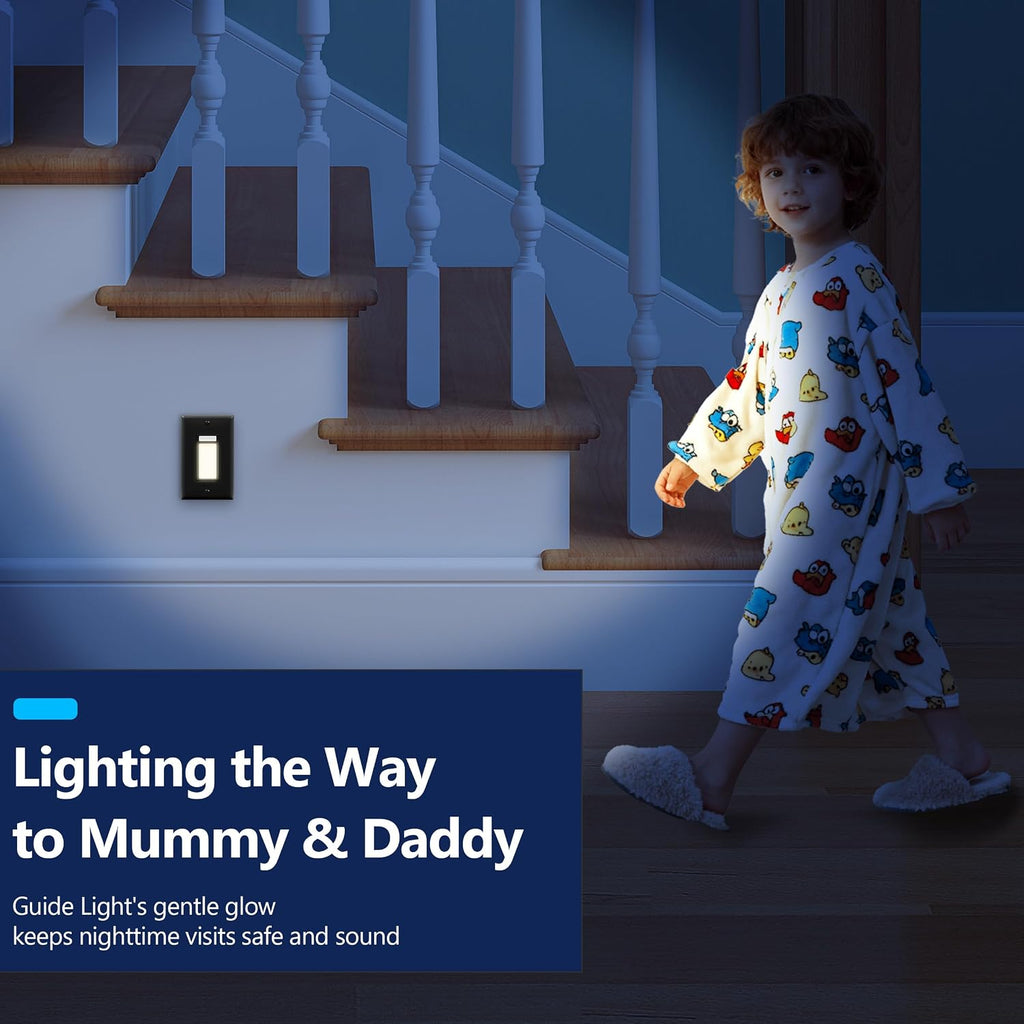 LIDER Full LED Guide Light with PIR Motion Sensor, in-Wall Night Light, Adjustable Time Delay & Daylight Sensor, 3000K Warm White, Wall Plate Included, UL Listed, Thermoplastic, Matte Black, 2-Pack