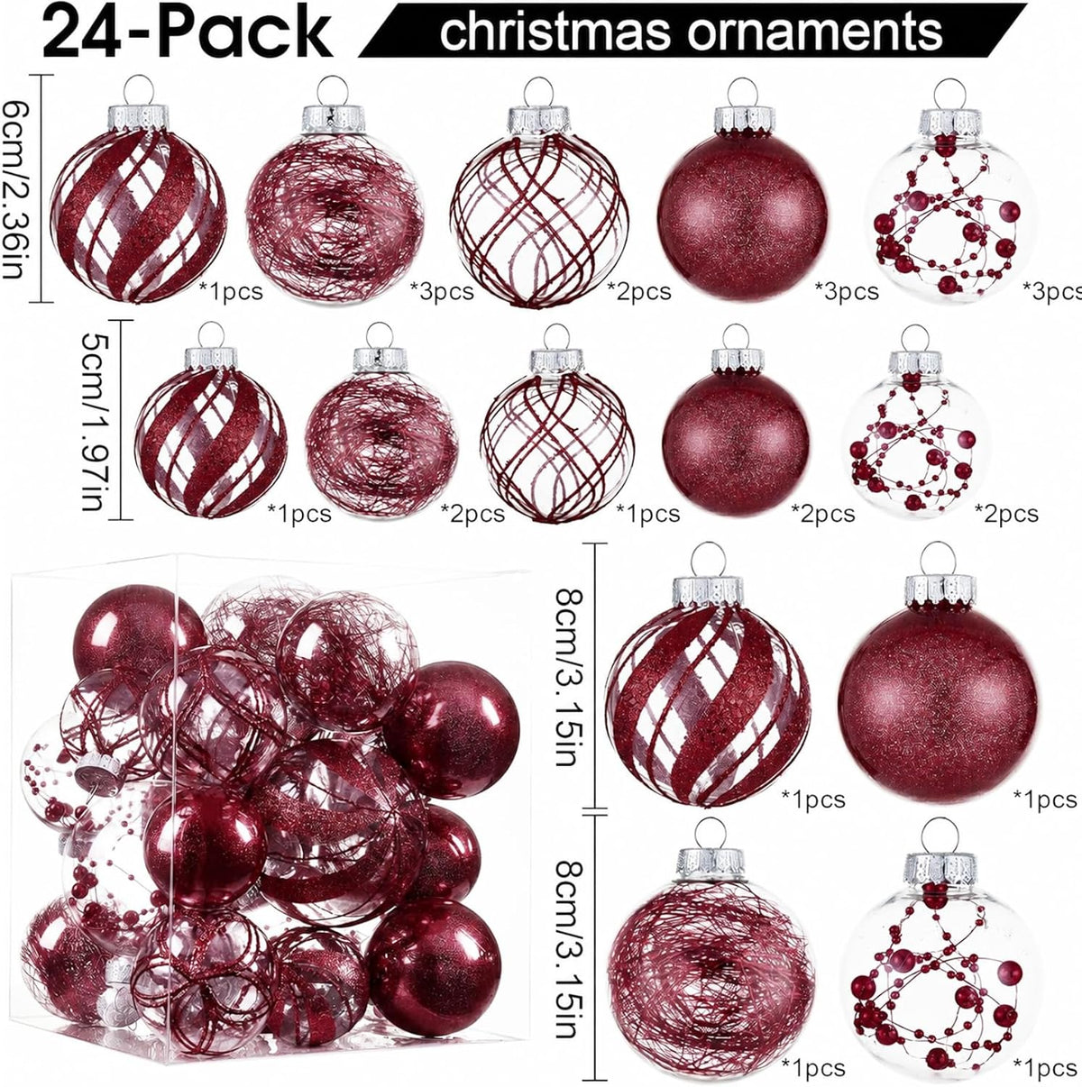 Clear Christmas Ball Ornaments,24ct Shatterproof Plastic Decorative Christmas Ornaments Hanging Xmas Tree Baubles Set with Stuffed Delicate Glittering Decorations for Holiday Home Decor(Burgundy)