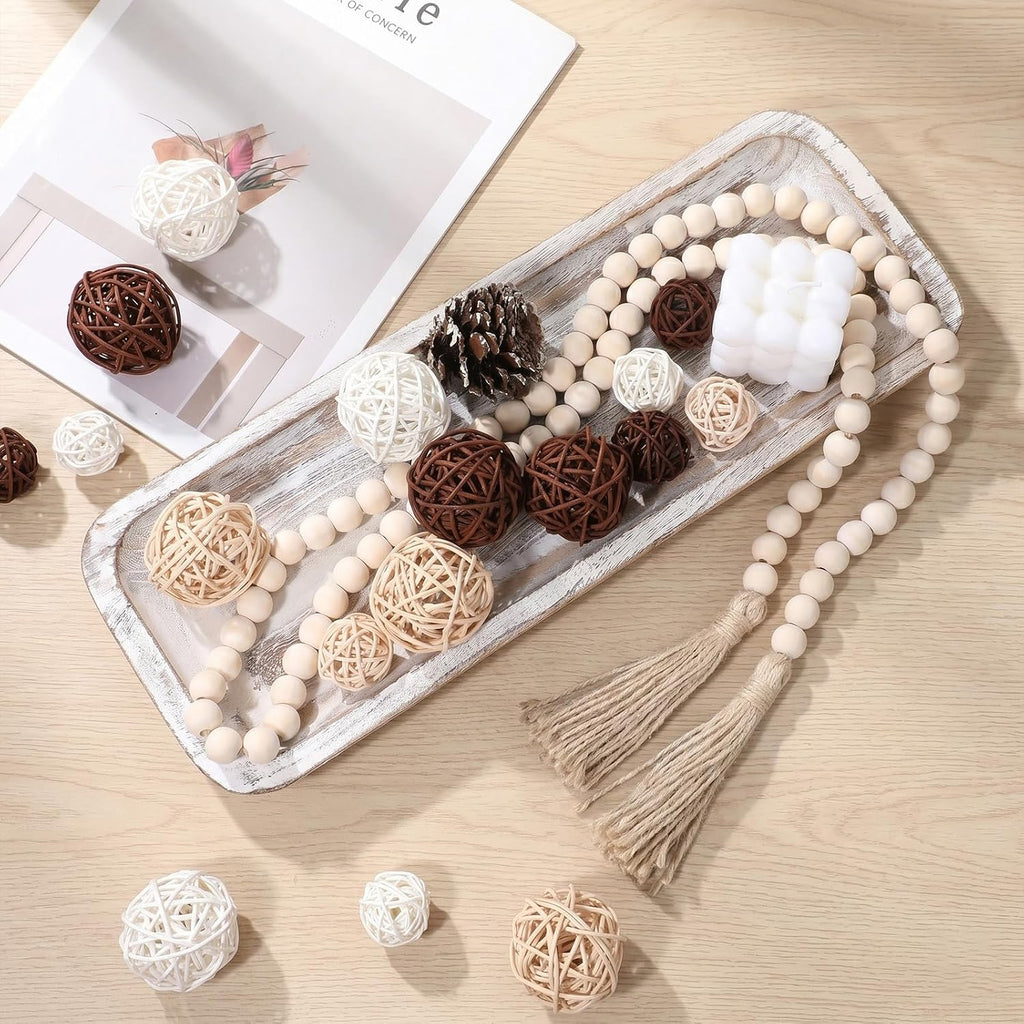 20 Pcs Wooden Dough Bowl Decor, Wood Dough Bowl Wicker Rattan Balls Beads String with Tassel, Wood Rustic Dough-Bowl Decorative for Dining Room Kitchen(White)