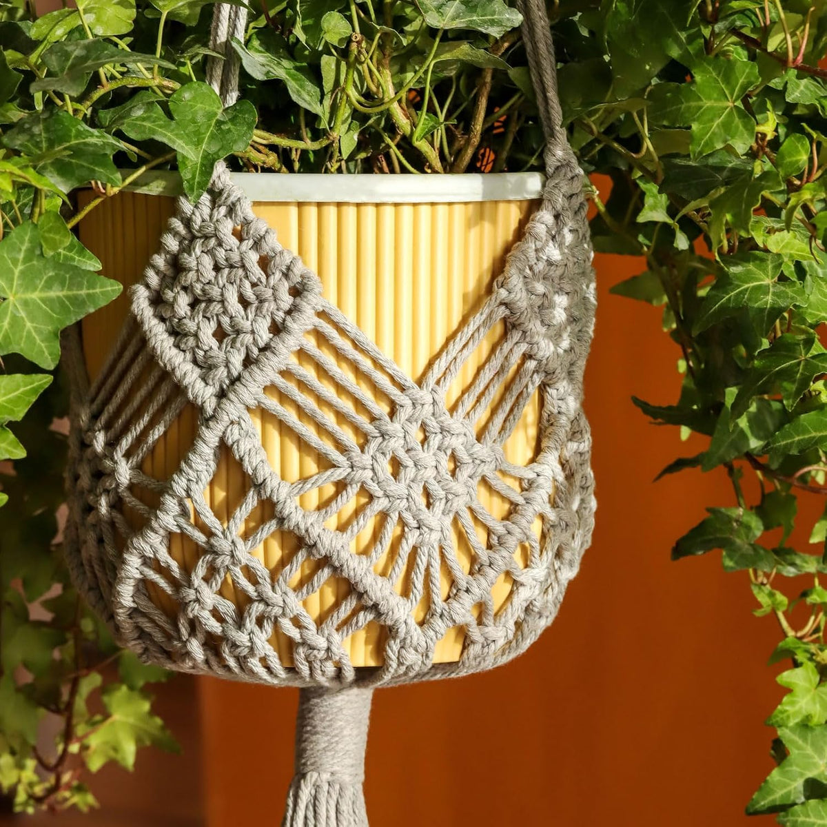 Hanging Planter with Patterns,2Packs Macrame Plant Hangers Indoor Macrame for up to 8 inch Pot Crochet Boho Plant Hanger Holder for Indoor Outdoor with 2S Shaped Stainless Steel Hooks (Gray)