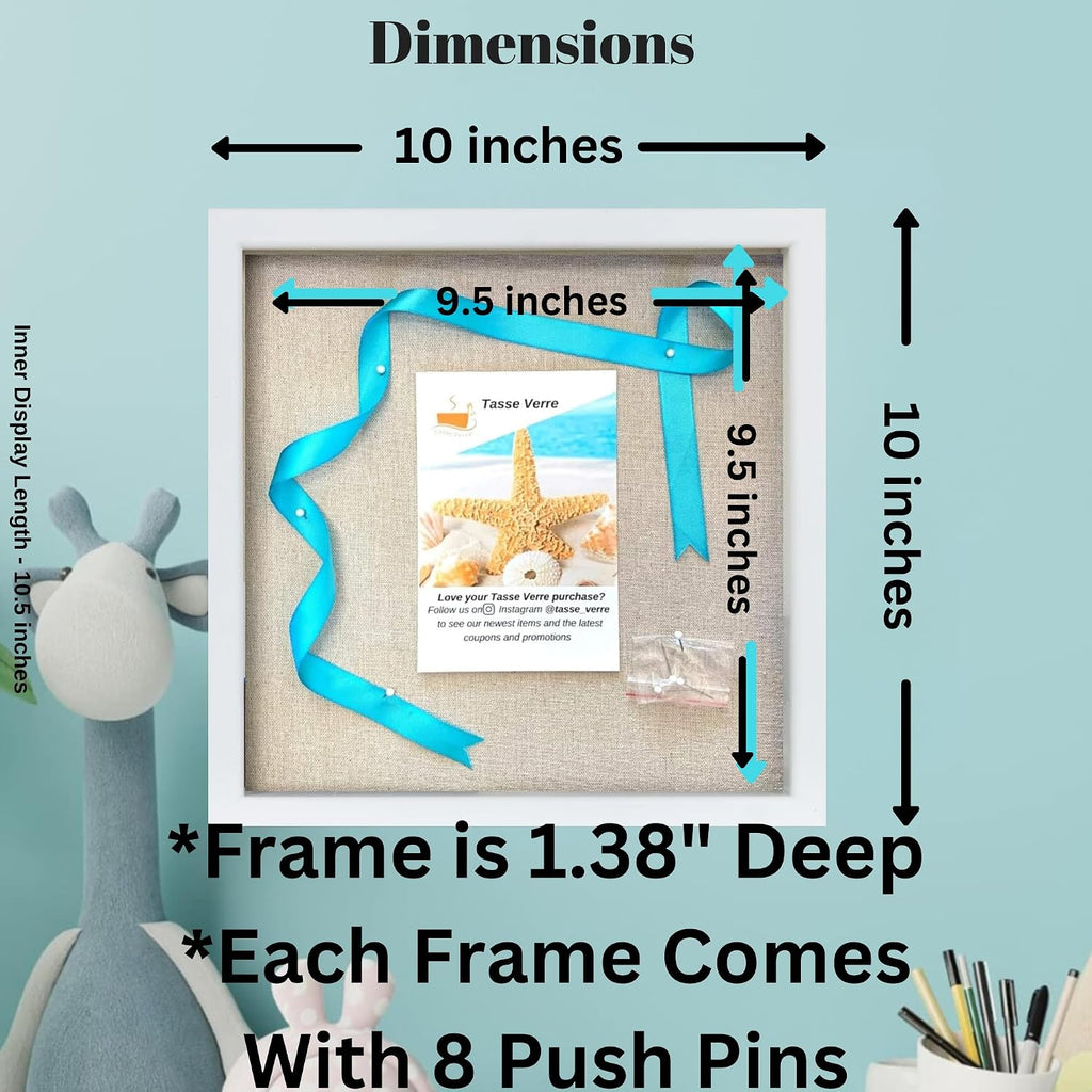 Tasse Verre 10x10 White Display Shadow Box (1-Pack) Frame w/Linen Background and 8 Stick Pins - Ready to Hang Shadowbox Picture Frame - Box Display Baby Memorabilia Wedding