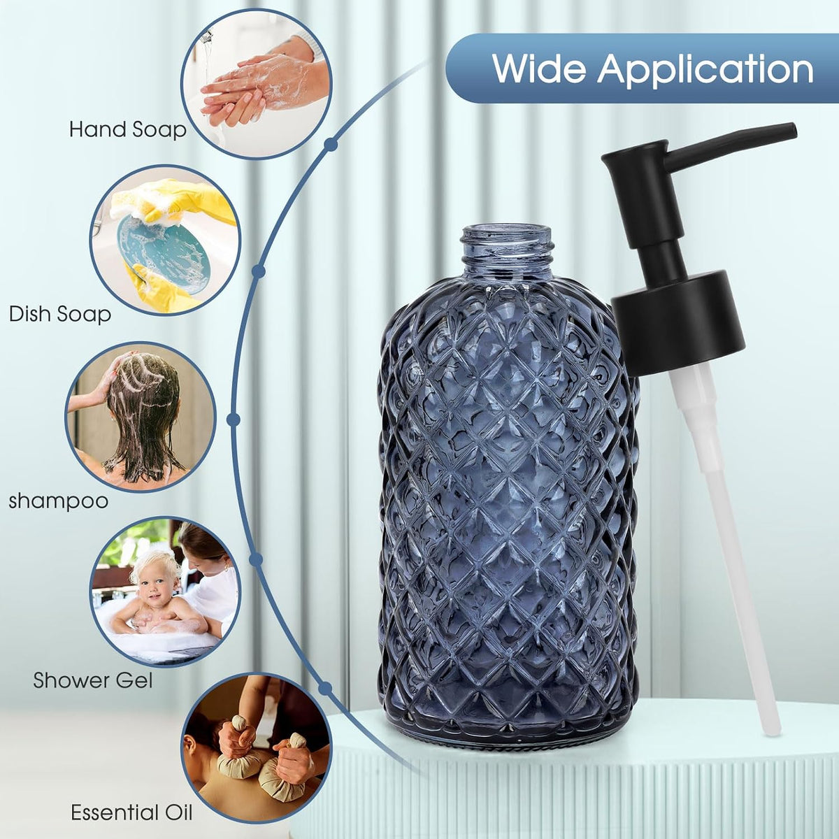2 Pack Gem Glass Soap Dispenser with Black Plastic Pump, 13oz Liquid Hand Soap Dispenser, Rustproof Pump for Kitchen & Bathroom, Great for Lotions, Essential Oil, Liquid Soaps-Grayish Blue