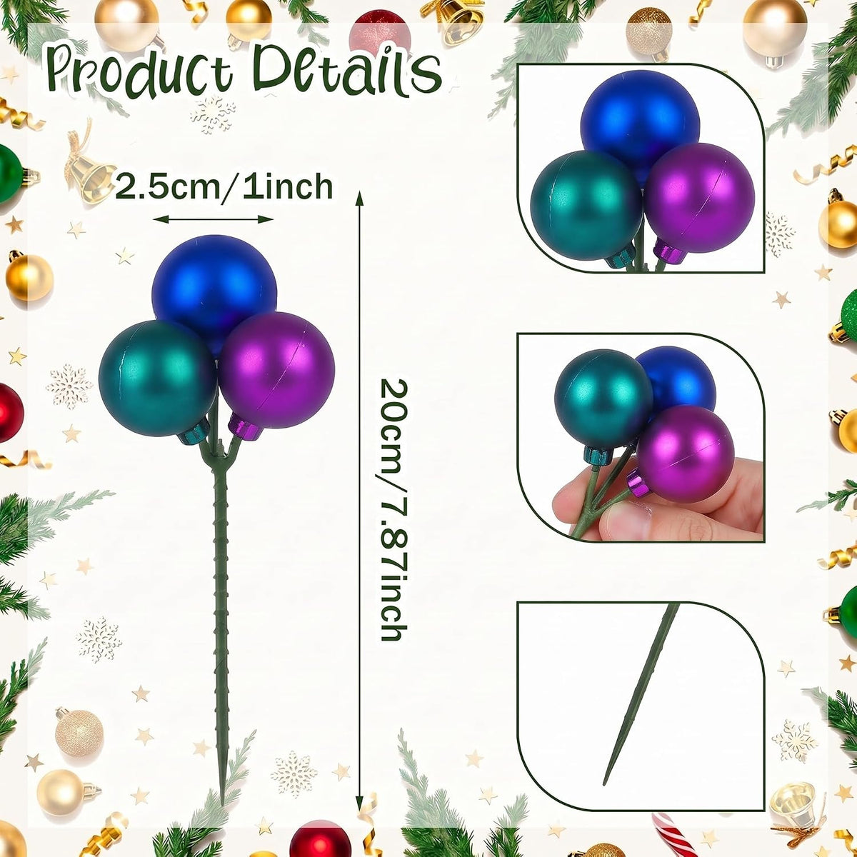 Syhood 12 Sets 7.9 Inch Christmas Peacock Ball Picks, Purple Blue Teal