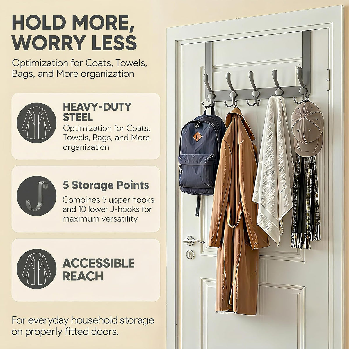 Over The Door Hooks (2-Pack), Heavy Duty Door Hanger with 5 Tri-Hooks for Hanging Clothes, Coats, Towels, Matte Gray OTD Storage Rack, Fits Standard 1-3/4" Doors, 60 lbs Max Per Rack