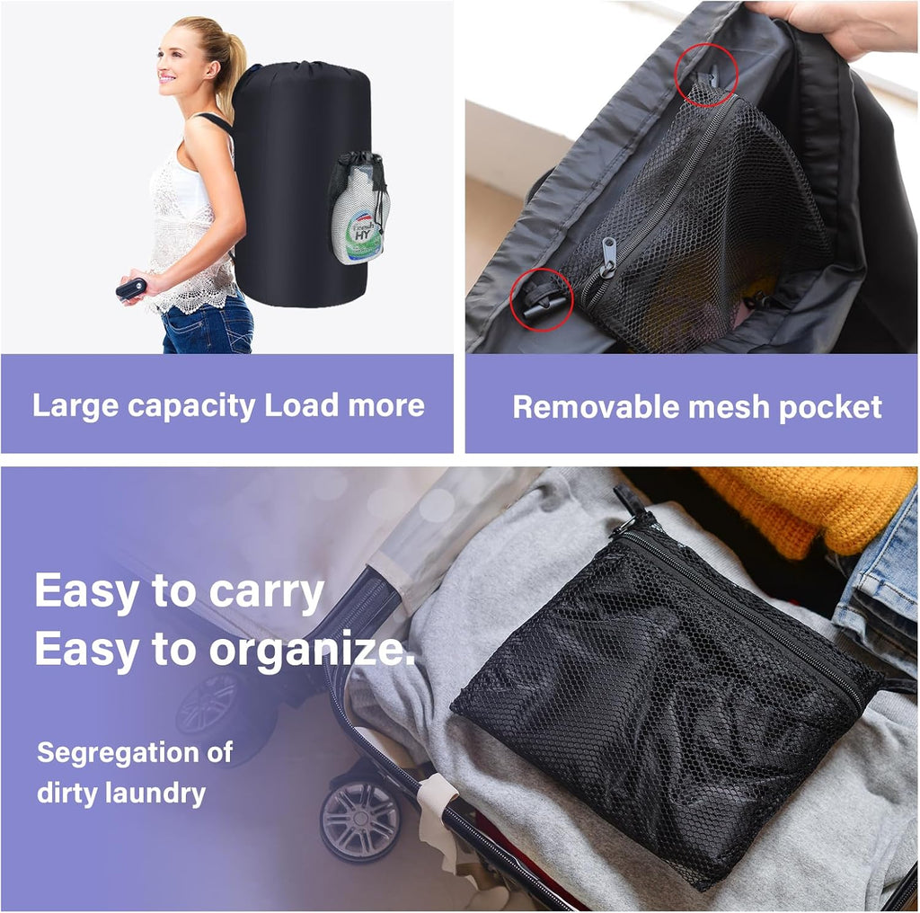 WOOHA 95L Backpack Travel Laundry Bag with Shoulder Straps and Mesh - Durable Polyester Laundry Hampers for Travel, Apartments, Laundromats and Universities (Black)