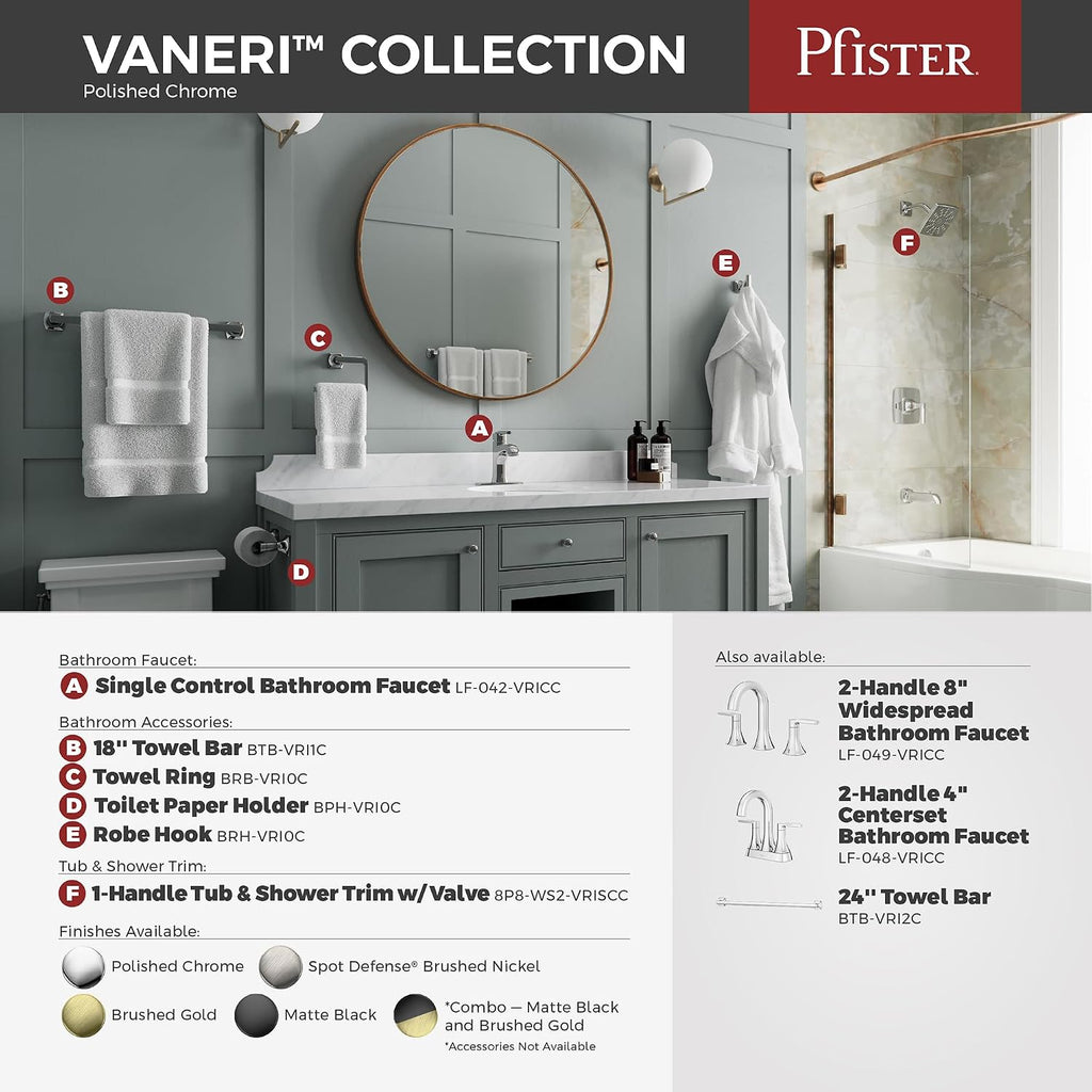 Pfister Vaneri Bath Towel Bar for Bathroom, 24-Inch, Wall-Mounted, Screw-in, Polished Chrome Finish, BTBVRI2C