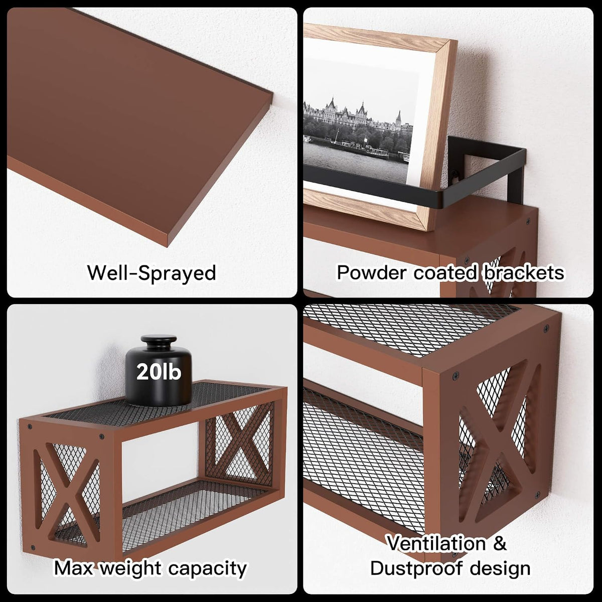 RICHER HOUSE Floating Wood Shelves with Guardrail, Rustic Brown, Wall Mounted, 2 Shelves, Farmhouse Style