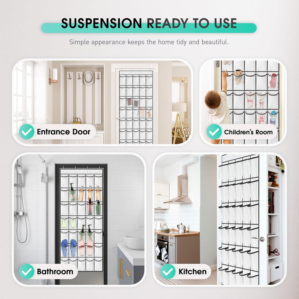 WVM Over the Door Shoe Organizer with 35 Breathable Mesh Pockets, Hanging Shoe Organizer for Door with 4 Metal Hooks, Large Capacity Closet Storage for Shoes, Accessories, White