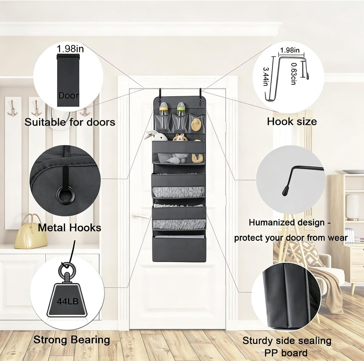 Jay-Chi Over Door Hanging Organizer Storage - 7 Large Pockets Closet Bathroom Organizer Perspective Window Wall Mount Rack for Clothes Sundries(Grey)