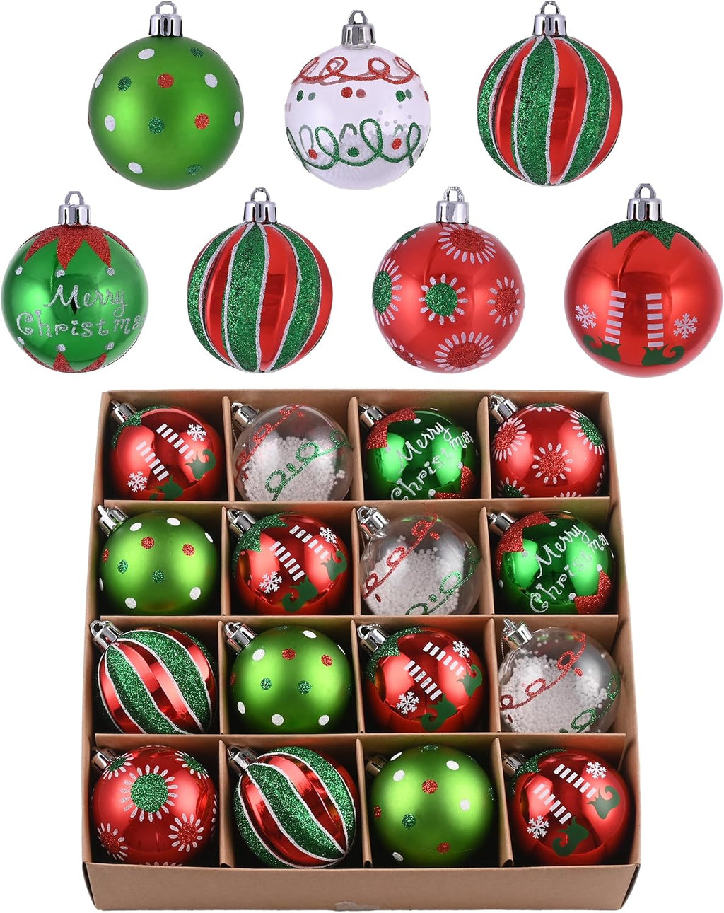 Valery Madelyn Christmas Tree Ornaments Set, 16ct Elf Red Green White Shatterproof Christmas Tree Decorations Bulk, 2.36 Inch Decorative Hanging Ball Ornaments for Xmas Trees Holiday Party Decor