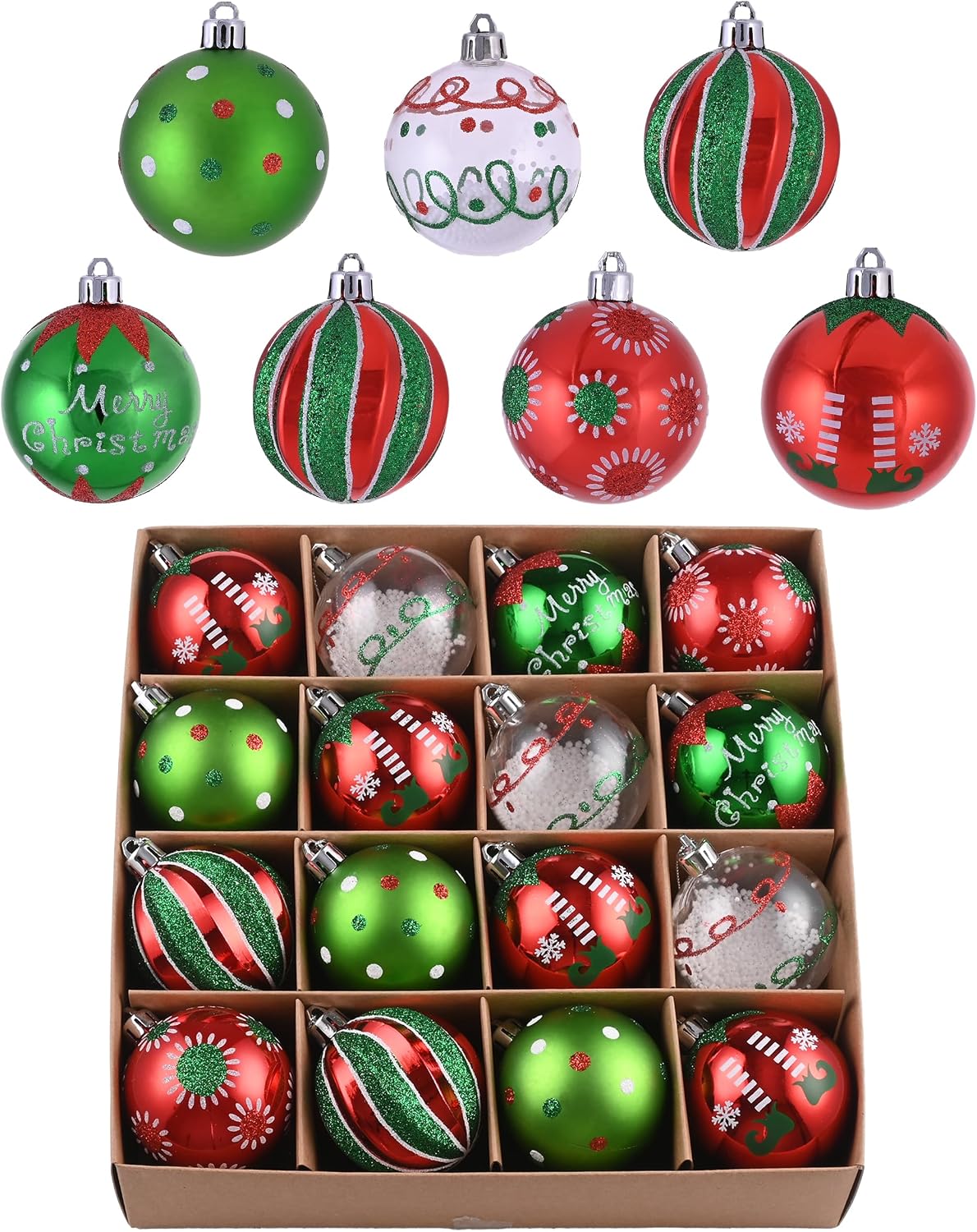 Valery Madelyn Christmas Tree Ornaments Set, 16ct Elf Red Green White Shatterproof Christmas Tree Decorations Bulk, 2.36 Inch Decorative Hanging Ball Ornaments for Xmas Trees Holiday Party Decor
