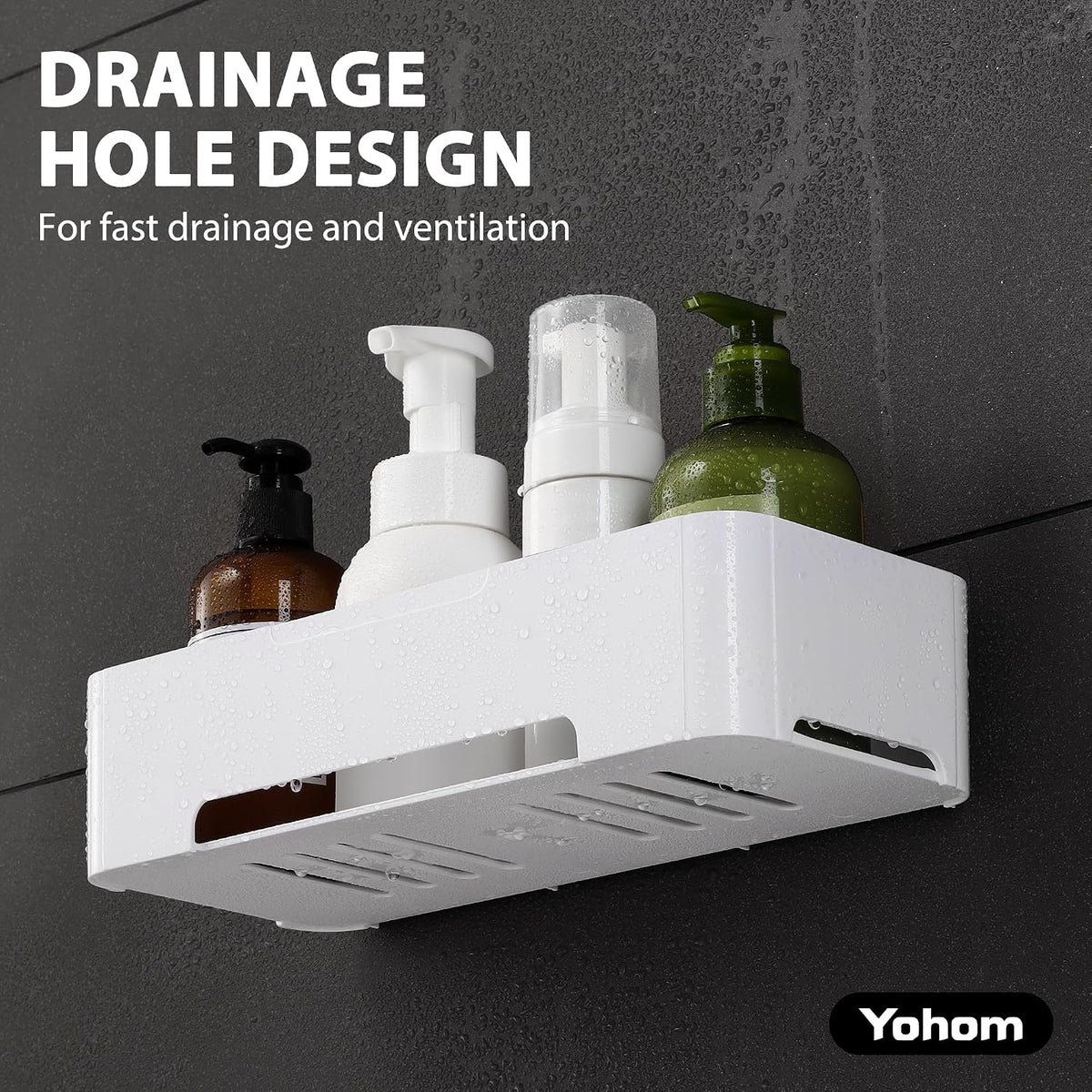 YOHOM Adhesive Shower Caddy Shelf for Bathroom Wall Plastic Shampoo Holder for Shower Storage Organizer Caddy Basket White