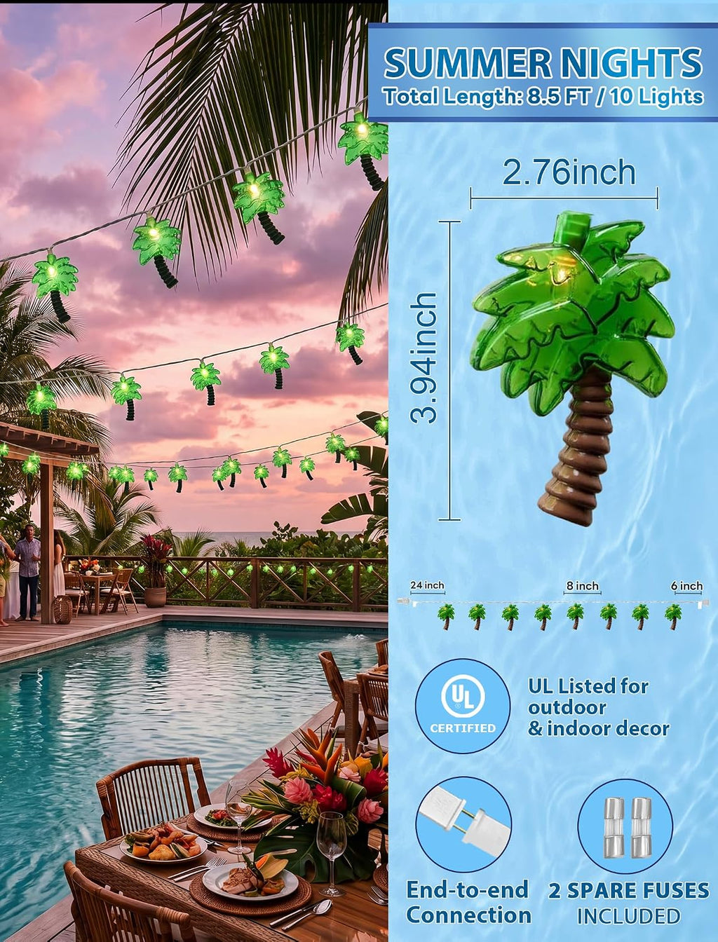 8.5Ft Palm Tree String Lights Outdoor, Waterproof Patio Palm Tree Lights String with 10 Mini Incandescent Lights, Summer Beach Theme String Lights for Indoor Bedroom Christmas Party Decor, White Wire
