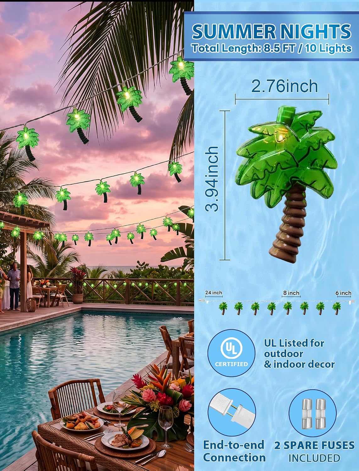 8.5Ft Palm Tree String Lights Outdoor, Waterproof Patio Palm Tree Lights String with 10 Mini Incandescent Lights, Summer Beach Theme String Lights for Indoor Bedroom Christmas Party Decor, White Wire