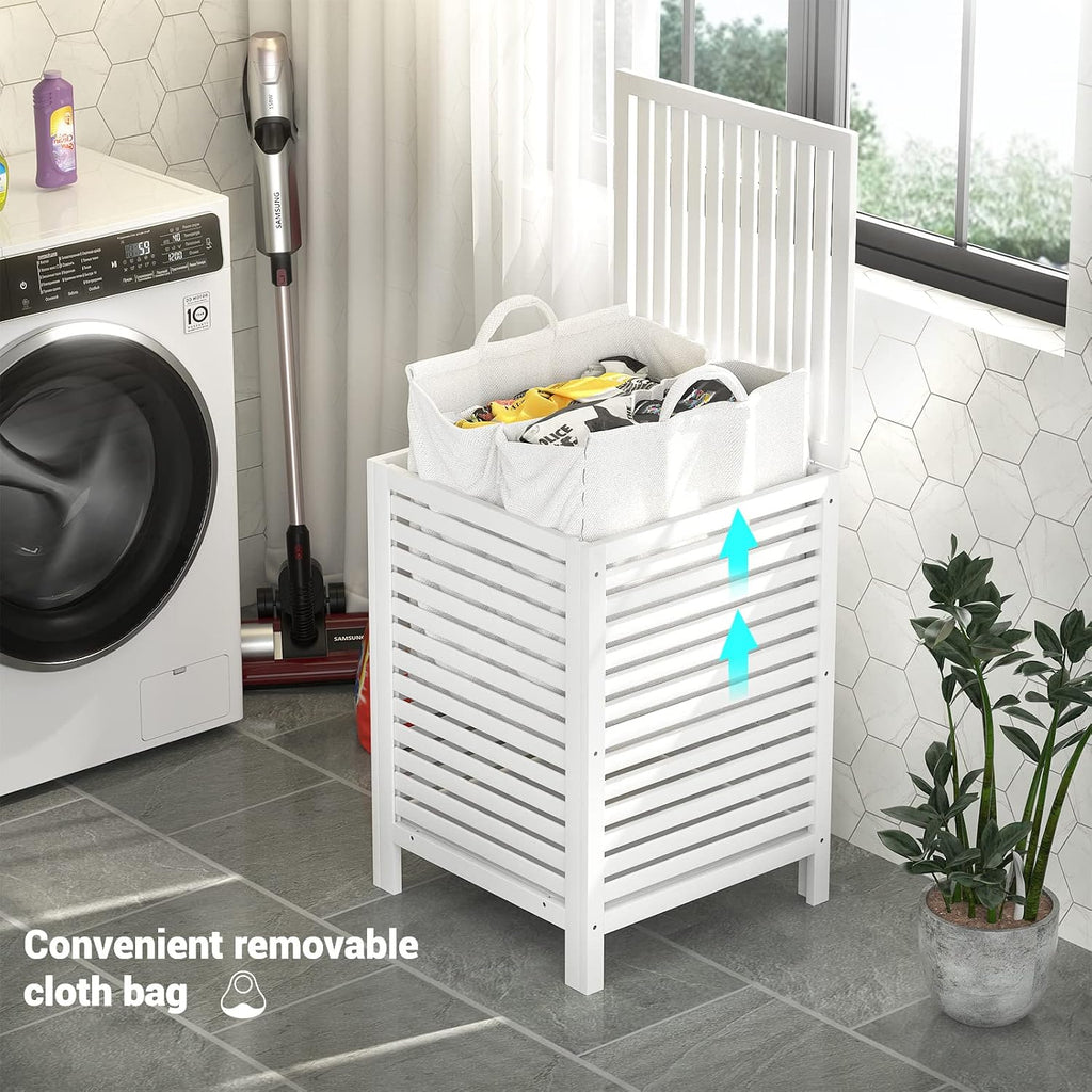 Homykic 120L Bamboo Laundry Hamper with Lid and Removable Liner Bag, White