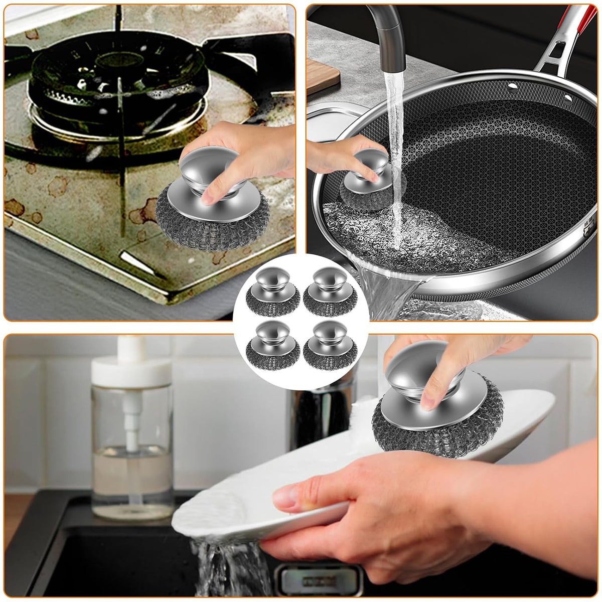 16 Pack Steel Wool Scrubber with 8 PCS Replacement Wire Pads Set, Replaceable Steel Pot Scrubber, Non Scratch Dish Sturdy, for Cleaning Pots, Pans, Grills, Sink