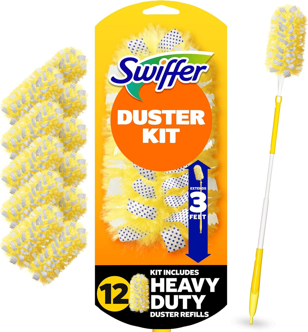 Swiffer Duster Kit with 3 ft Extendable Handle, Dusters for Cleaning, Set Includes 1 Extension Pole and 12 Heavy Duty Dusting Refills Dust Cleaner, Long Extended Wand for Ceiling Fans and Walls