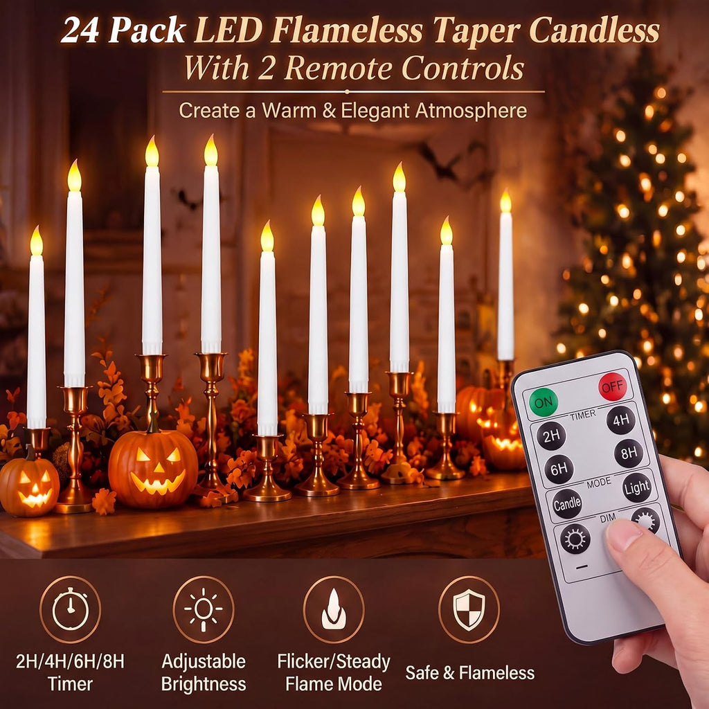 Tuanse 24pcs 11" LED Flameless Taper Battery Candles for Halloween, White