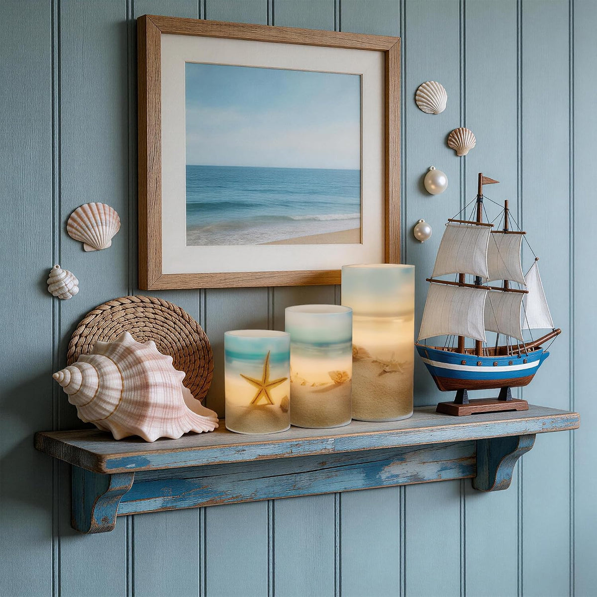 Beach Coastal Ocean Decor Seashell & Starfish Battery Flameless LED Candles